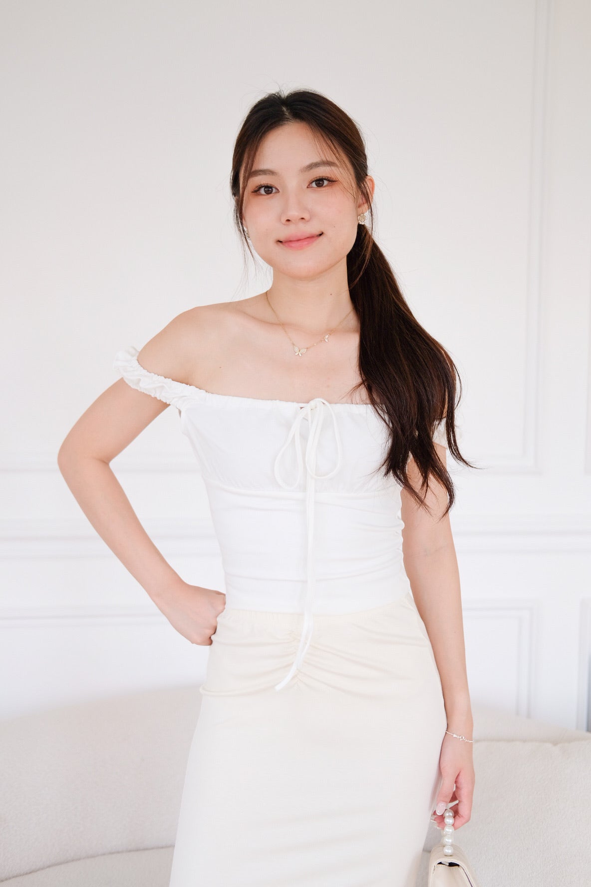 Kimmy Ruched Off Shoulder Crop Top (White)