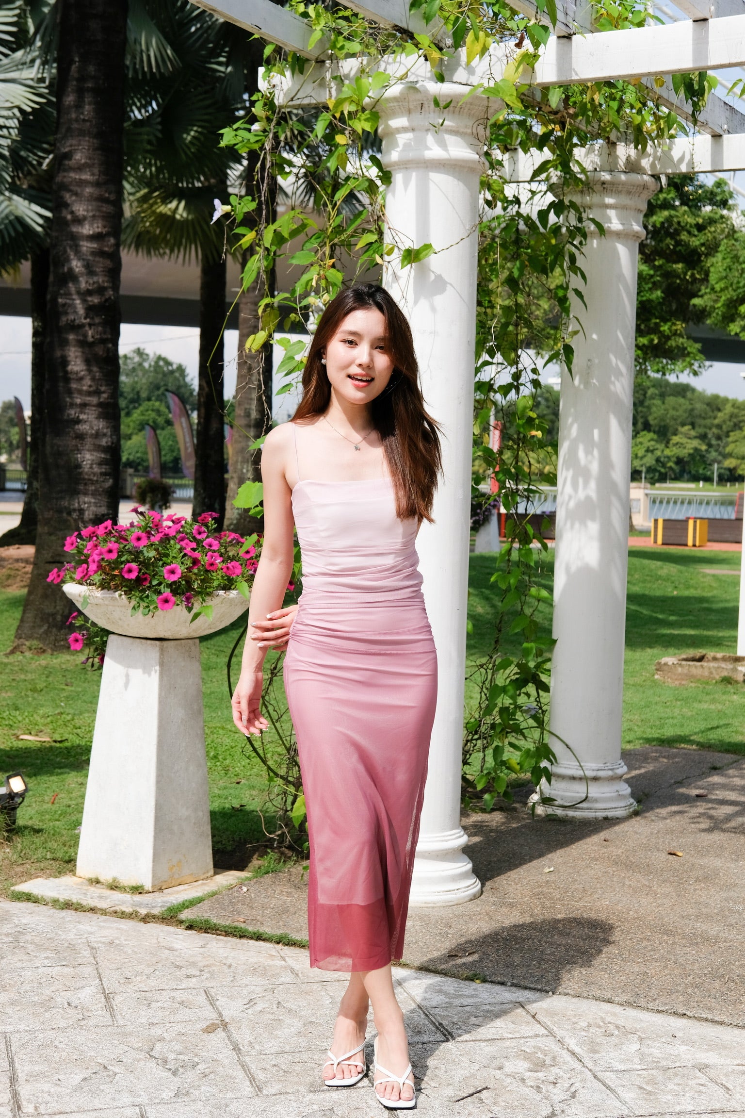 Chrystal Ruched Mesh Maxi Dress (Ombre Pink)