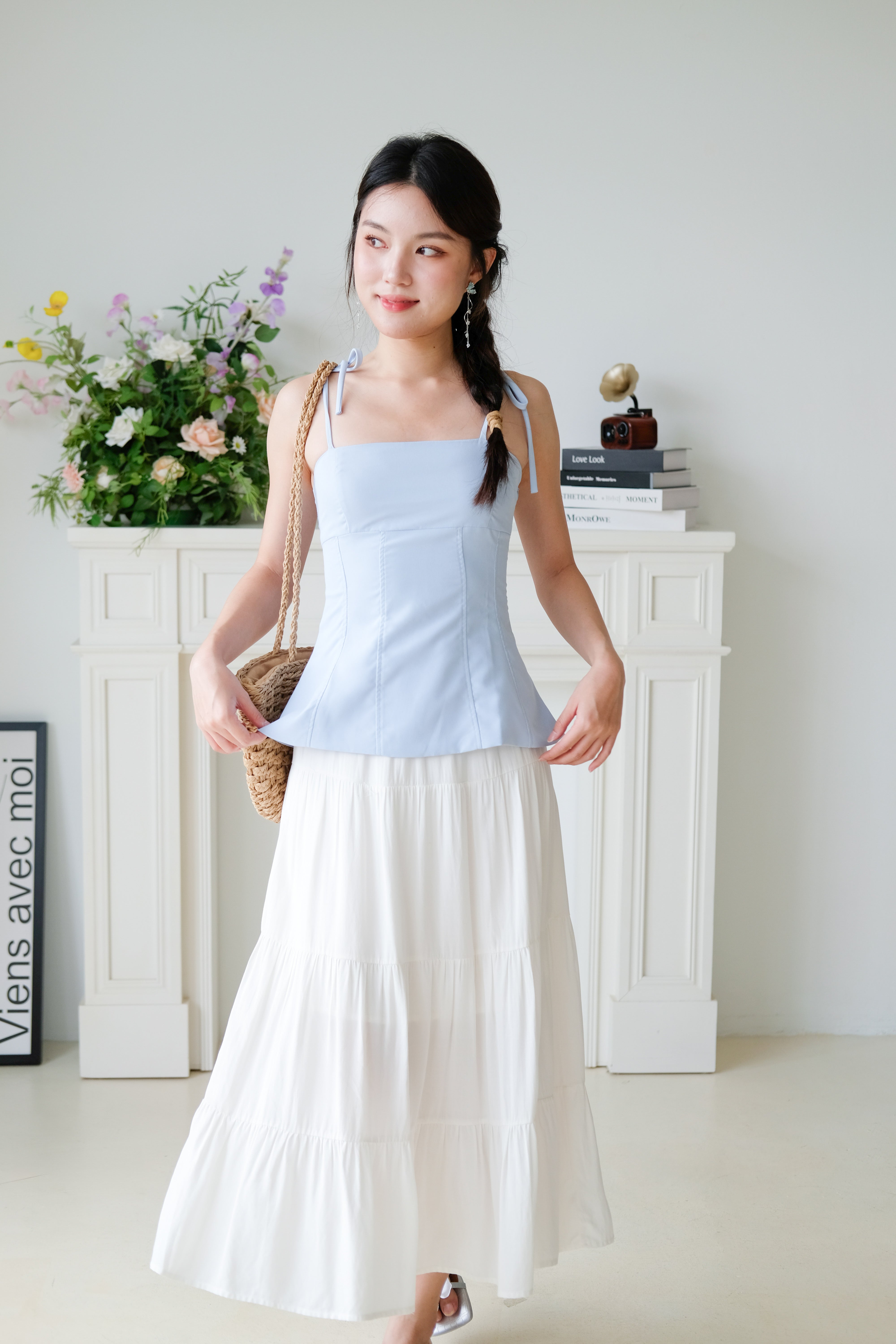Marilyn Self Tie Ribbon Top (Plain Blue)