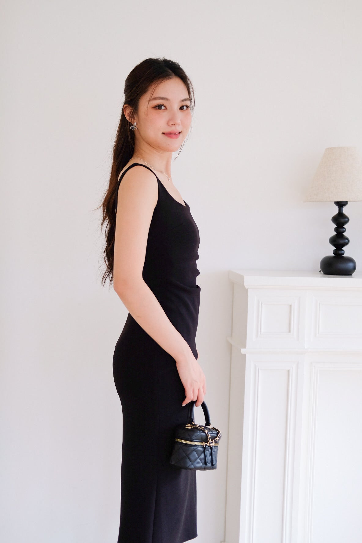 Claude Ruched Slim Fit Midi Dress (Black)
