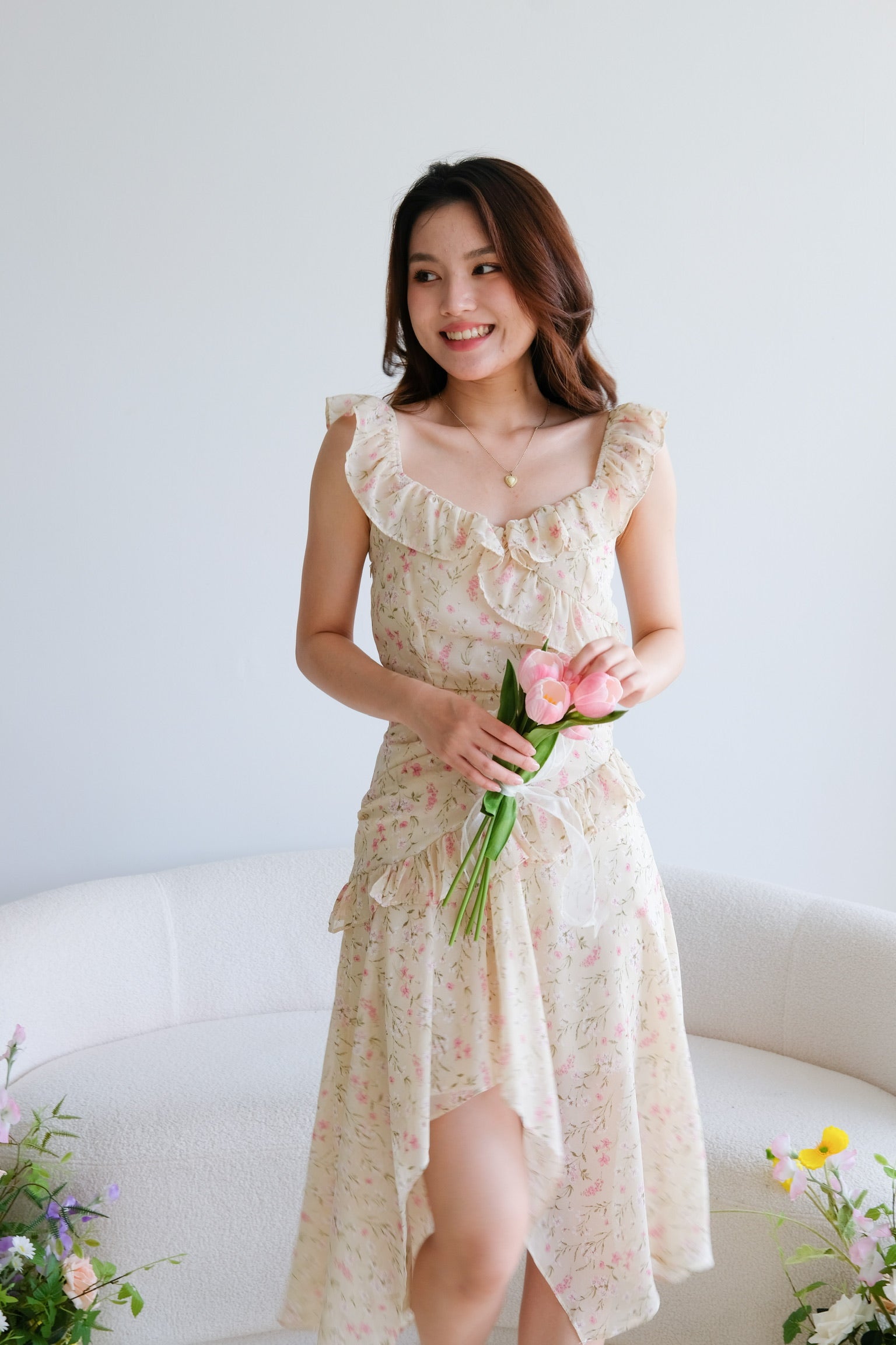 Wendy Ruffle Floral Asymmetric Dress (Oat Beige)