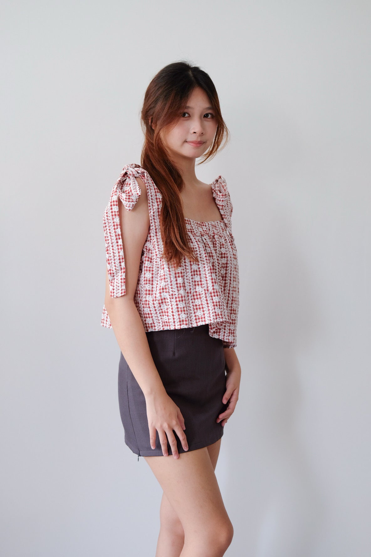 Red Plaid Self Tie Ribbon Babydoll Top