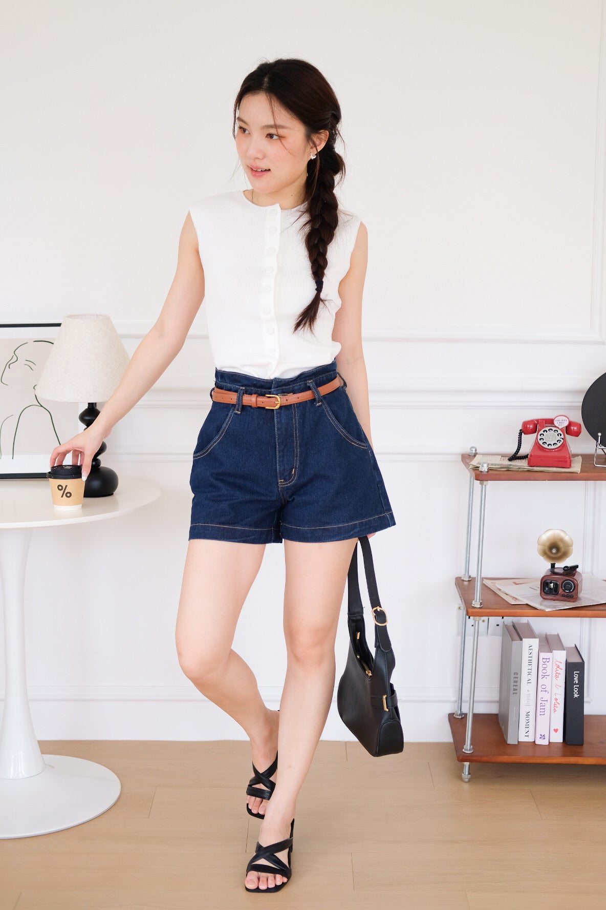 Hudson Belted High Waist Denim Shorts (Dark Blue)
