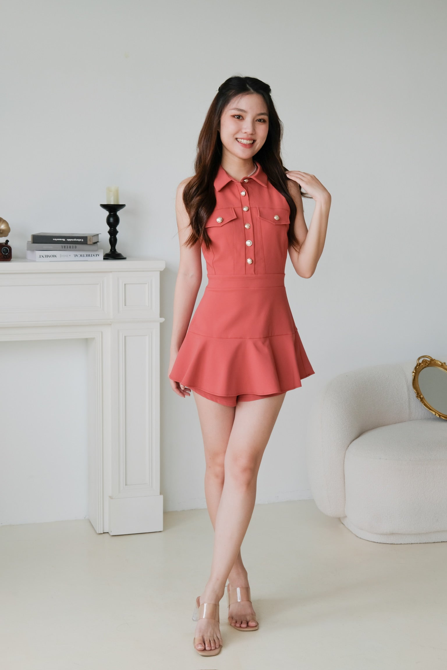 Dionne Gold Button Collared Romper (Brick Red)