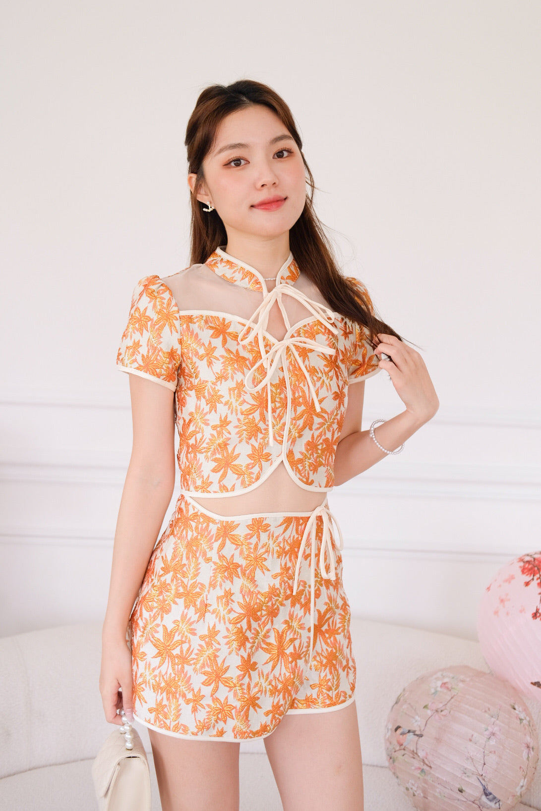财源滚滚 Fortune Ribbon Floral Cheongsam Set (Tangerine)