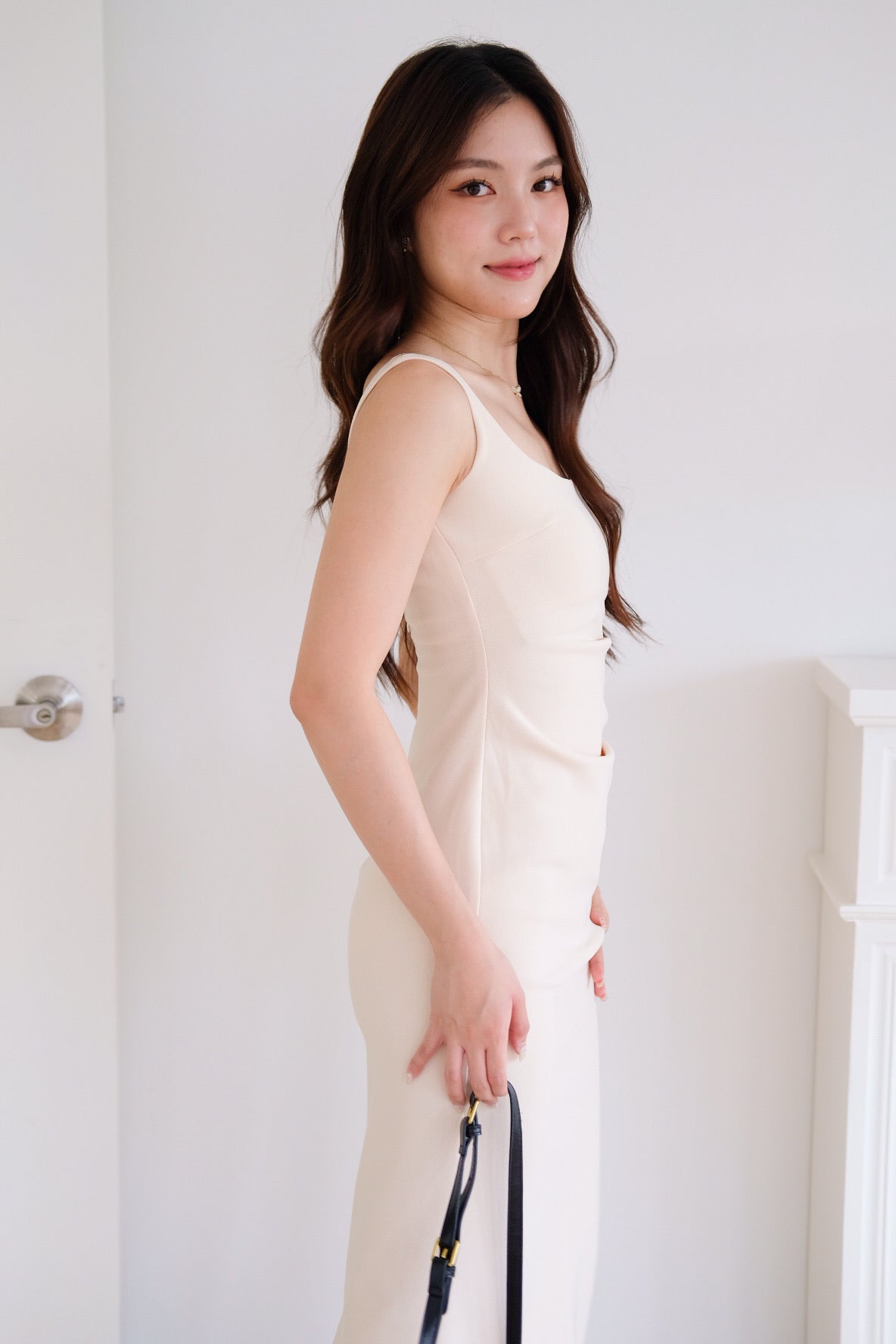 Claude Ruched Slim Fit Midi Dress (Warm Beige)