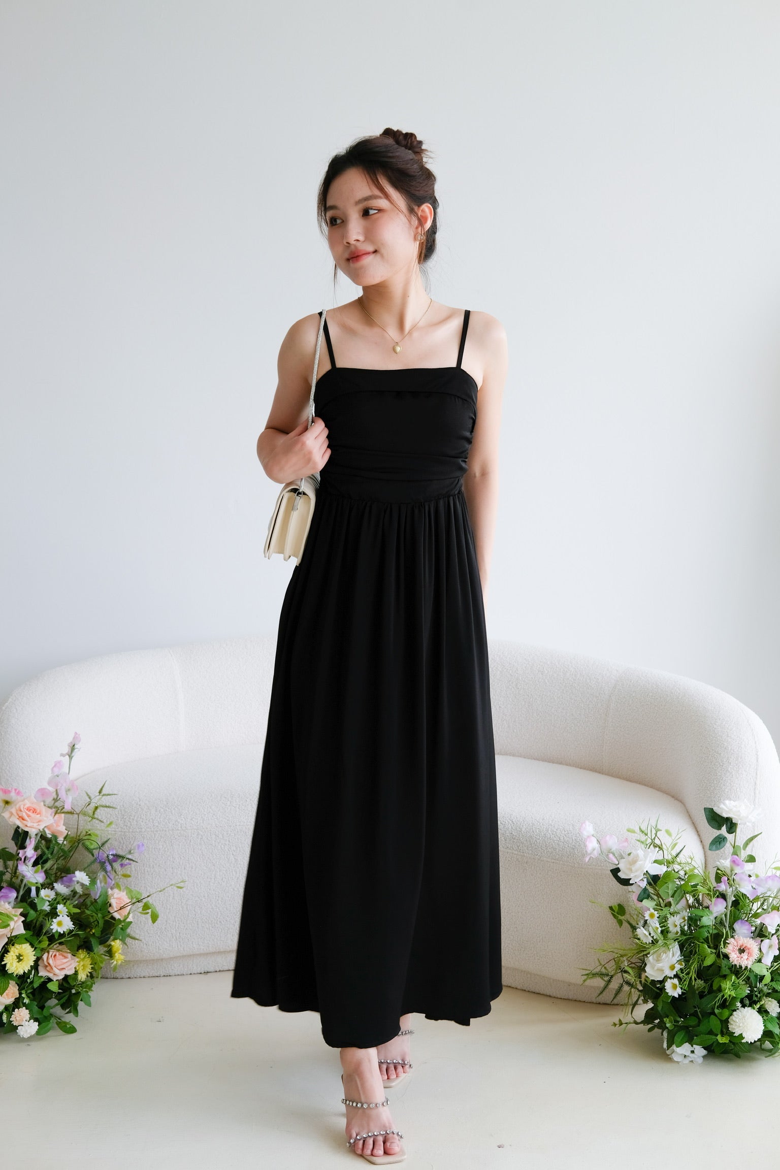 Helen Ruched Flare Maxi Dress (Black)