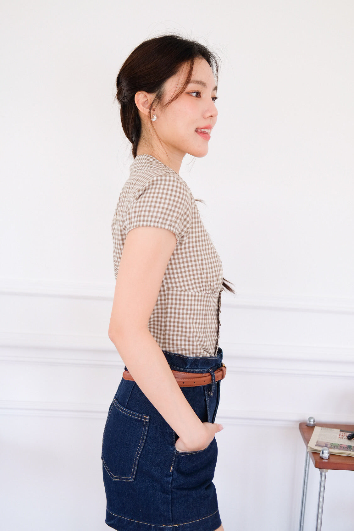 Marais Collared Ruffle Blouse Top (Gingham Olive)