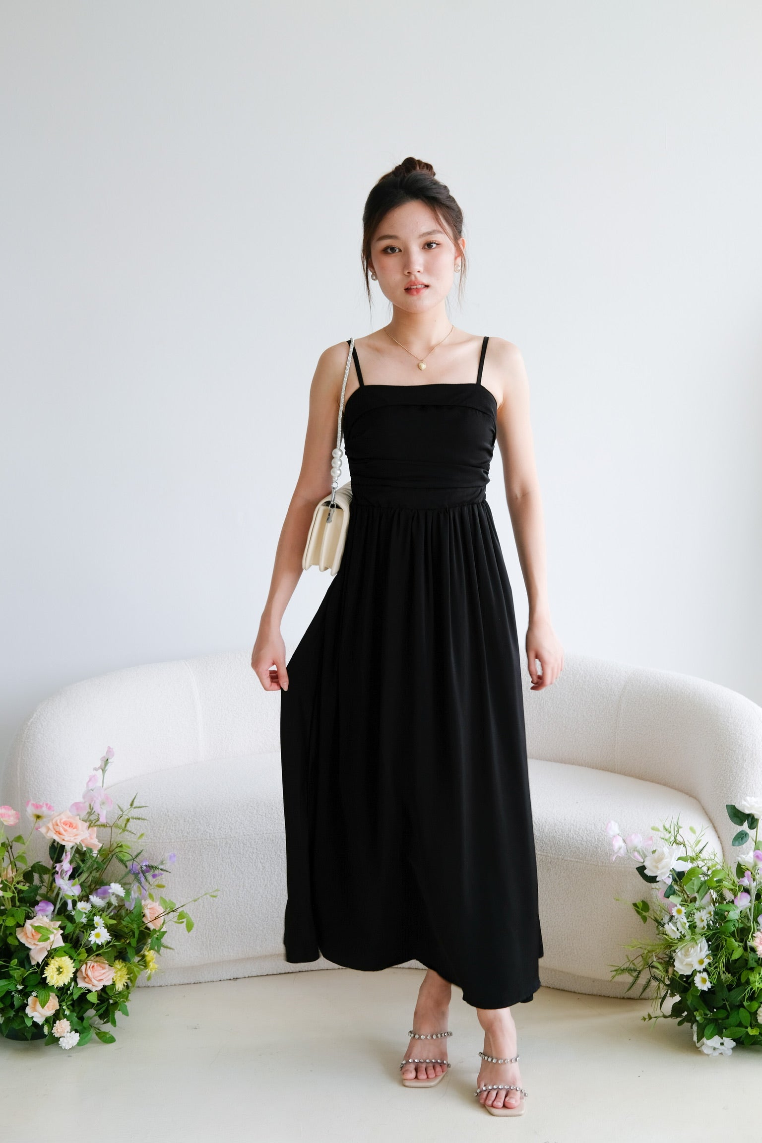 Helen Ruched Flare Maxi Dress (Black)