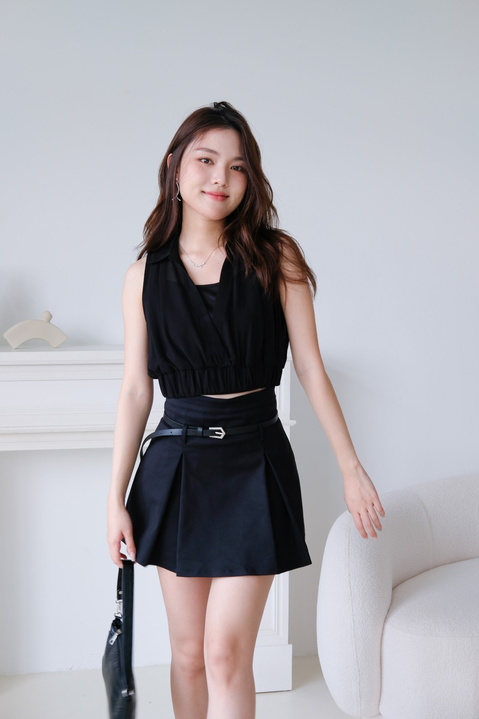 Eva Belt Thick Pleat Skirt (Black)