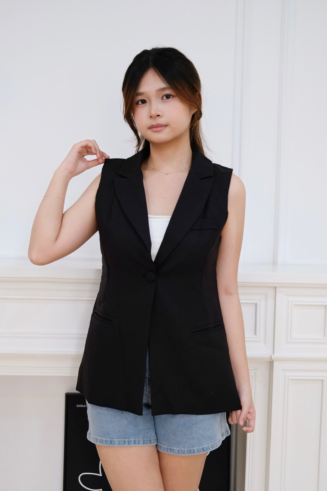 Blazer Vest Button Outerwear (Black)