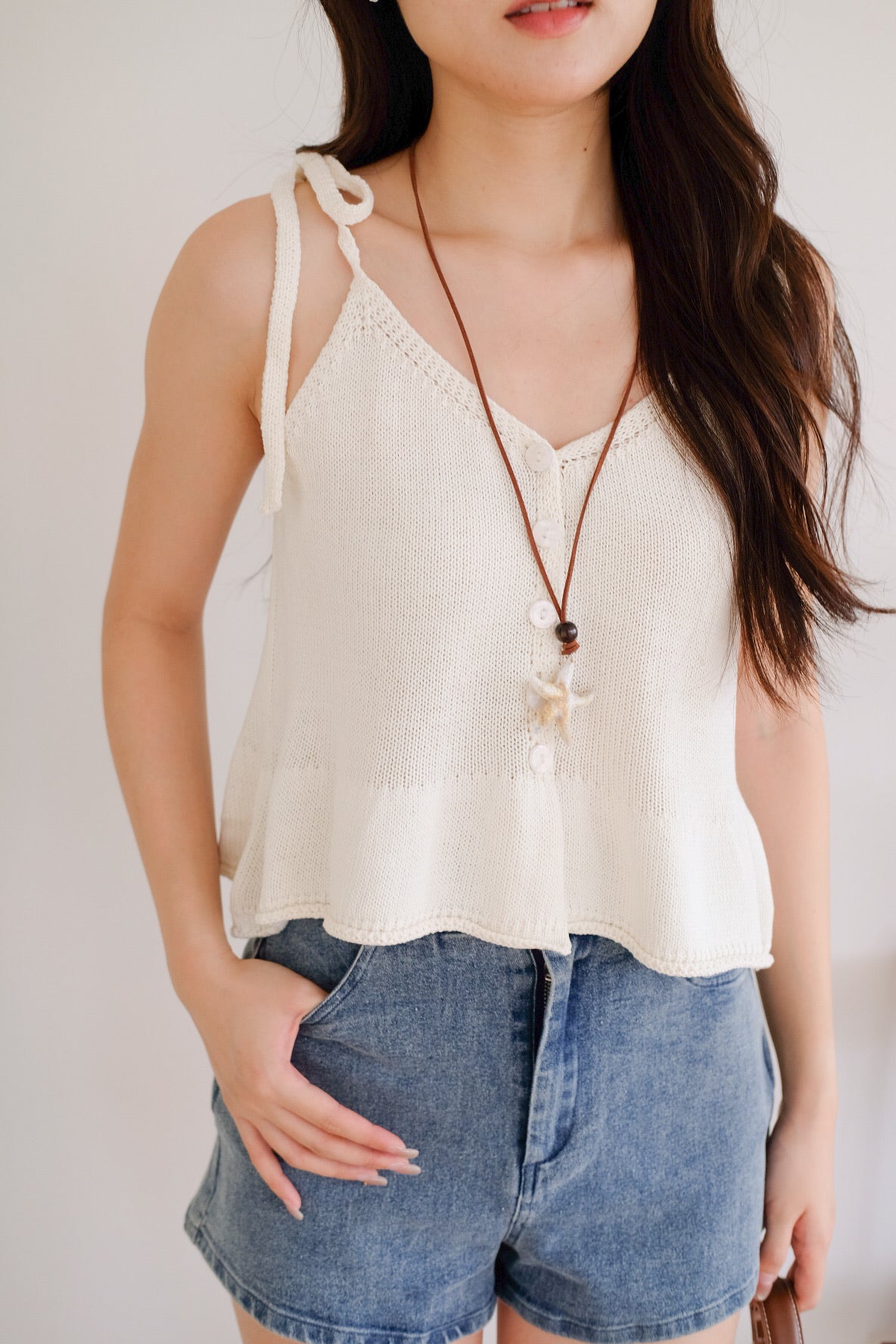 Gracie Self Tie Button Knit Top (Cream)