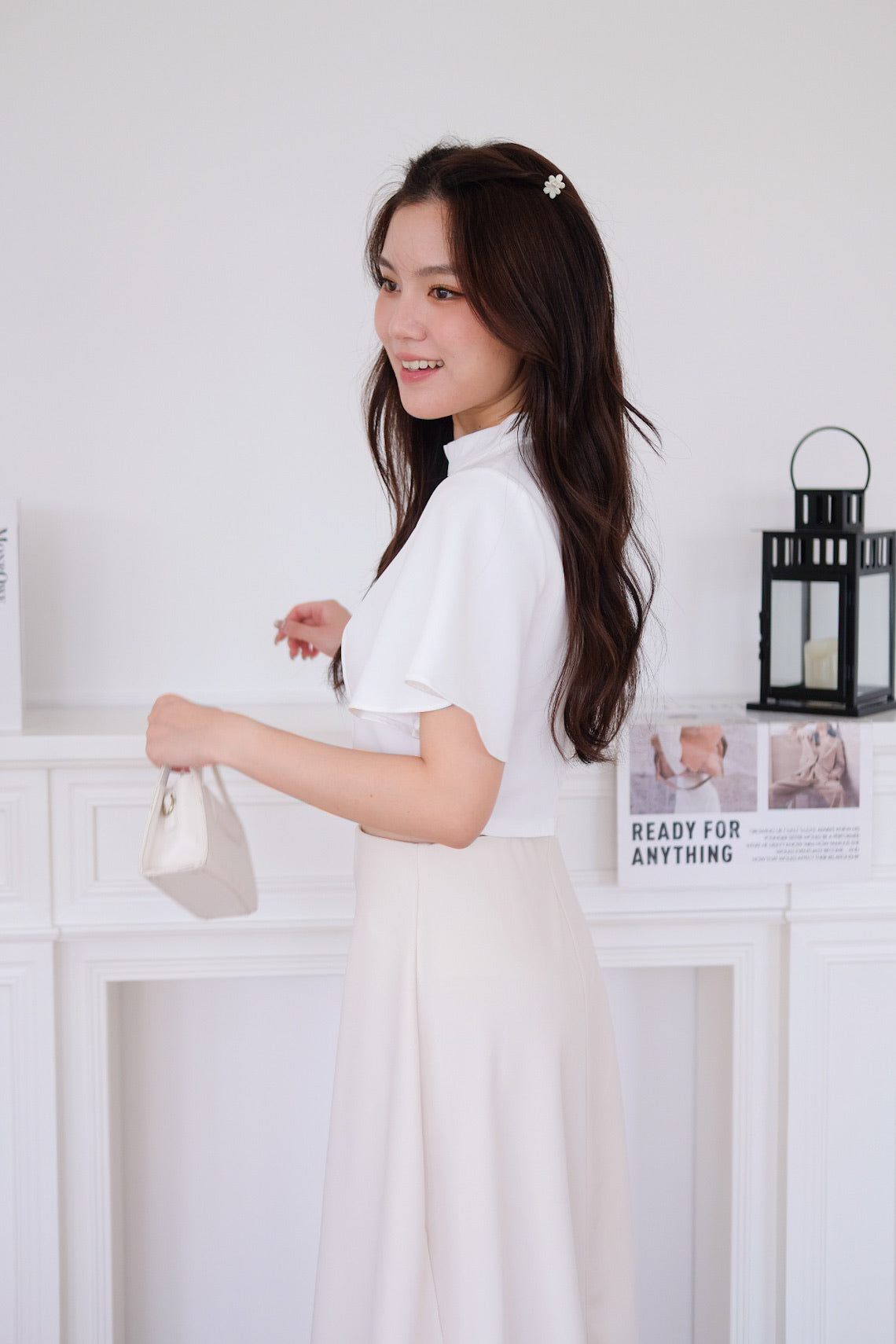 Veena Flutter Sleeves High Neck Top (White)