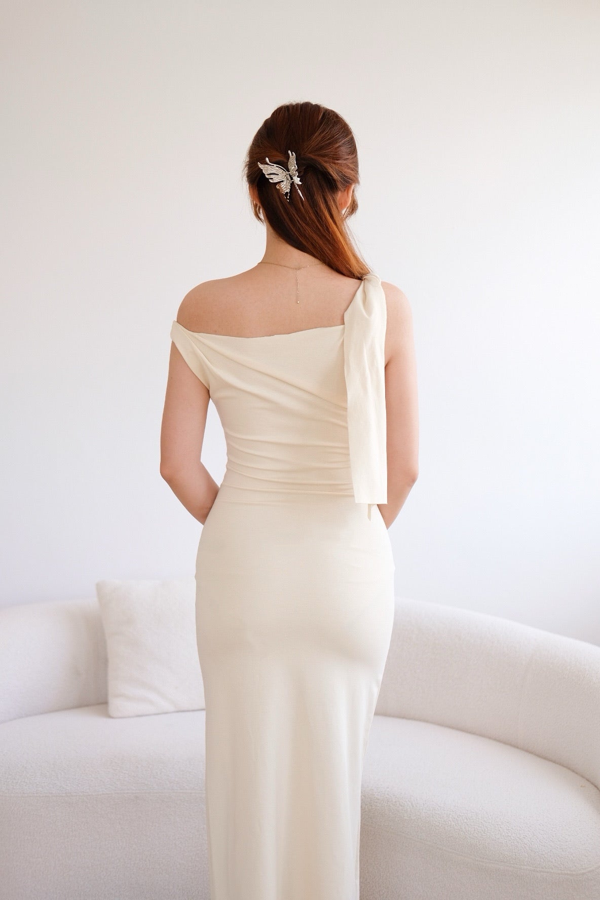 Beige Bodycon Maxi Ribbon Dress