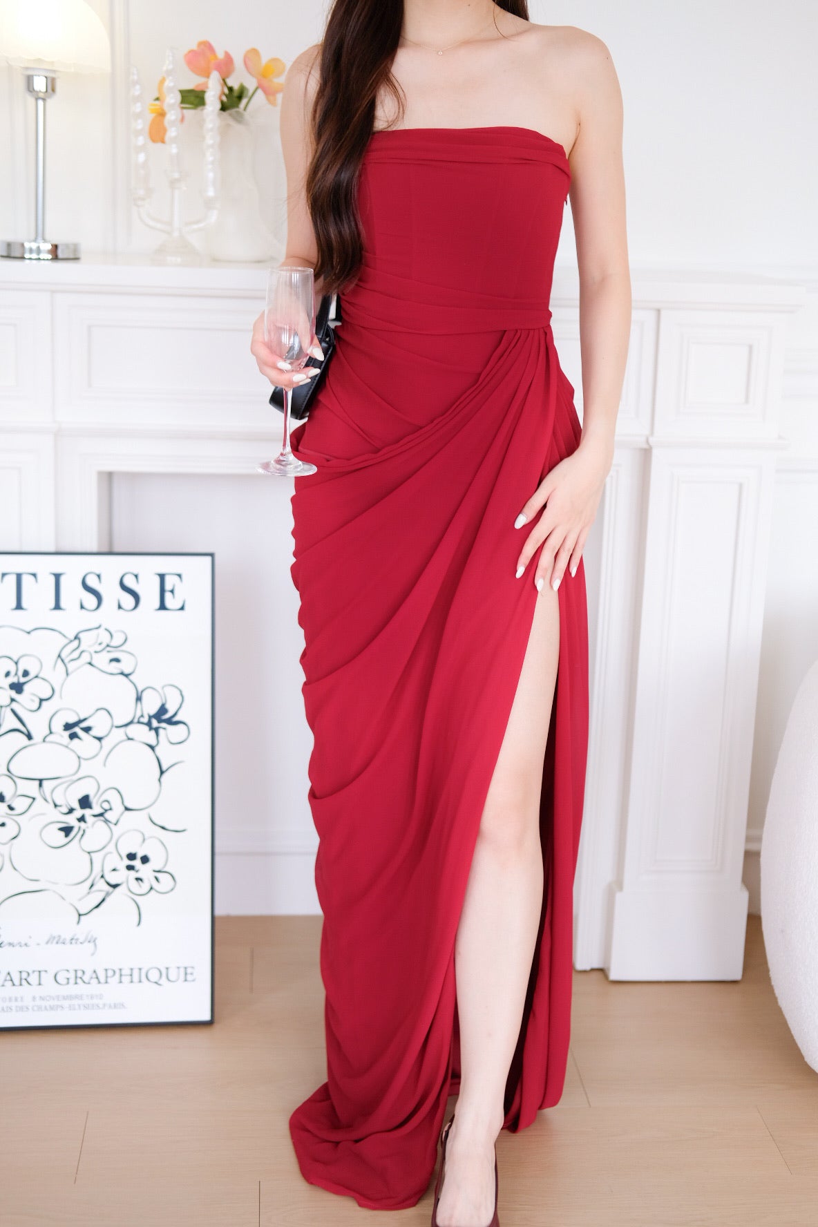 Seraphina Tube Corset Slit Maxi Dress (Red)