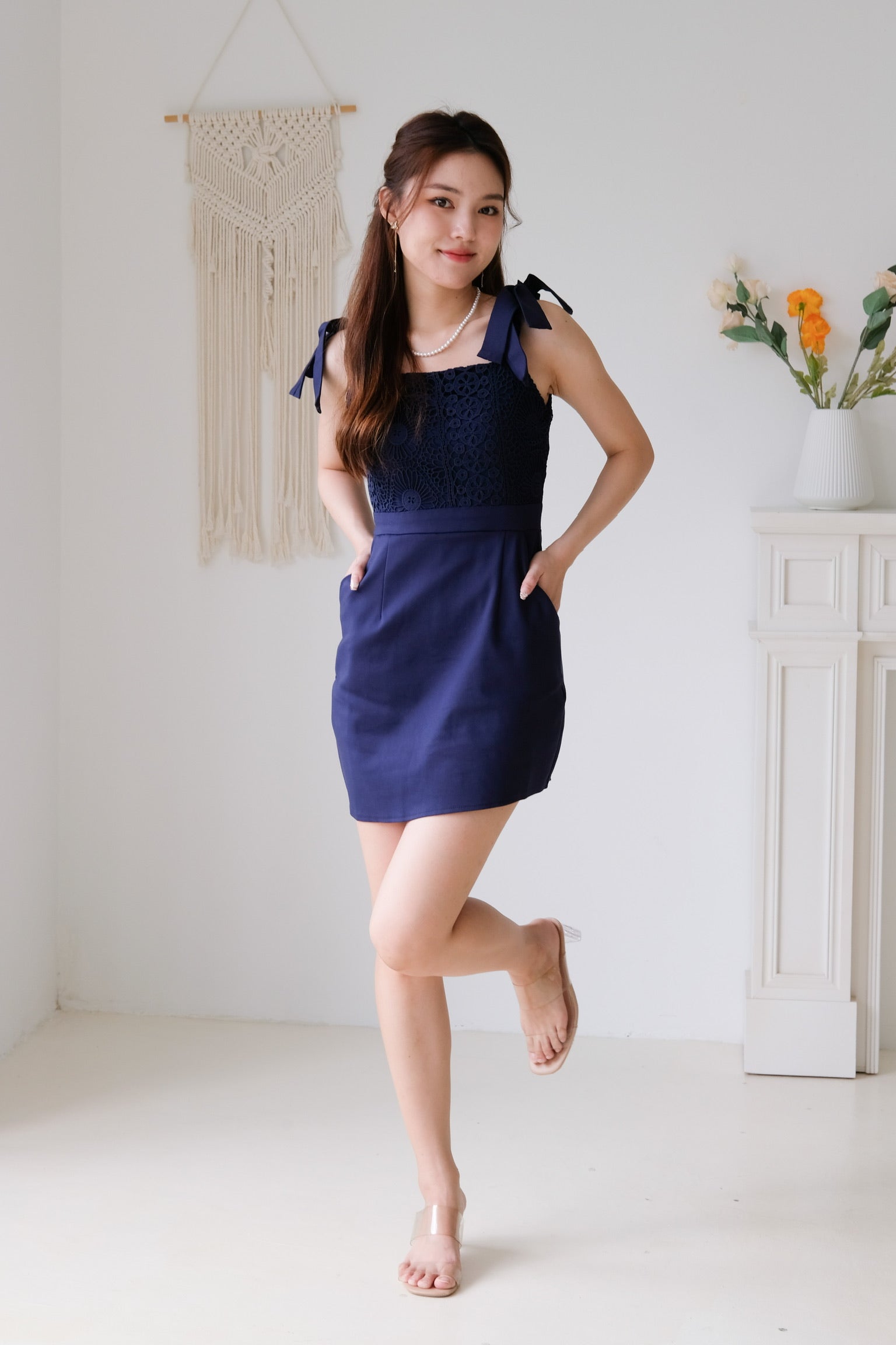 Leanne Crochet Asymmetrical Dress (Navy Blue)