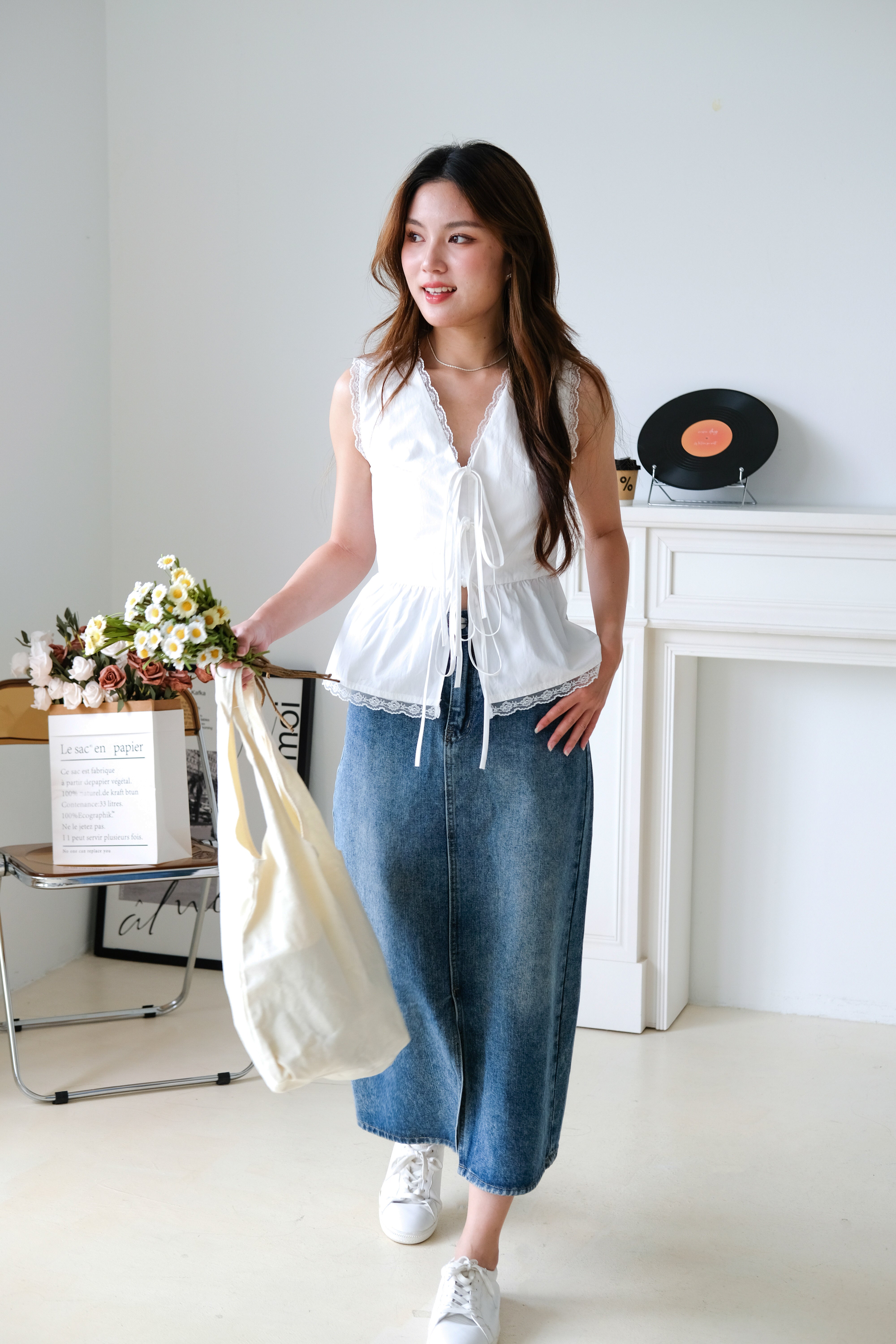 Jeanne Lace Drawstring Peplum Top (White)