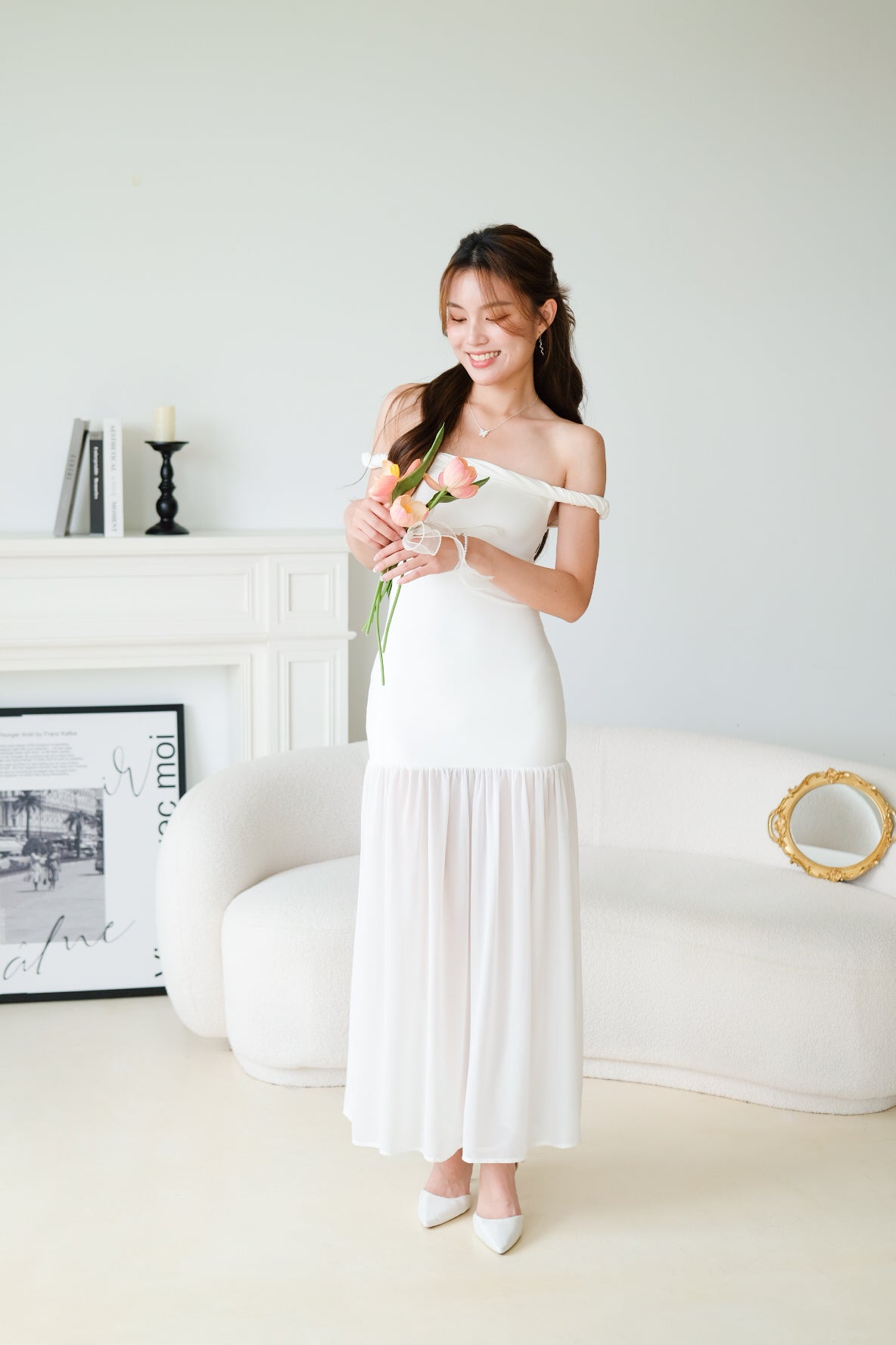 Kim Twist Off Shoulder Bodycon Maxi Dress (White)
