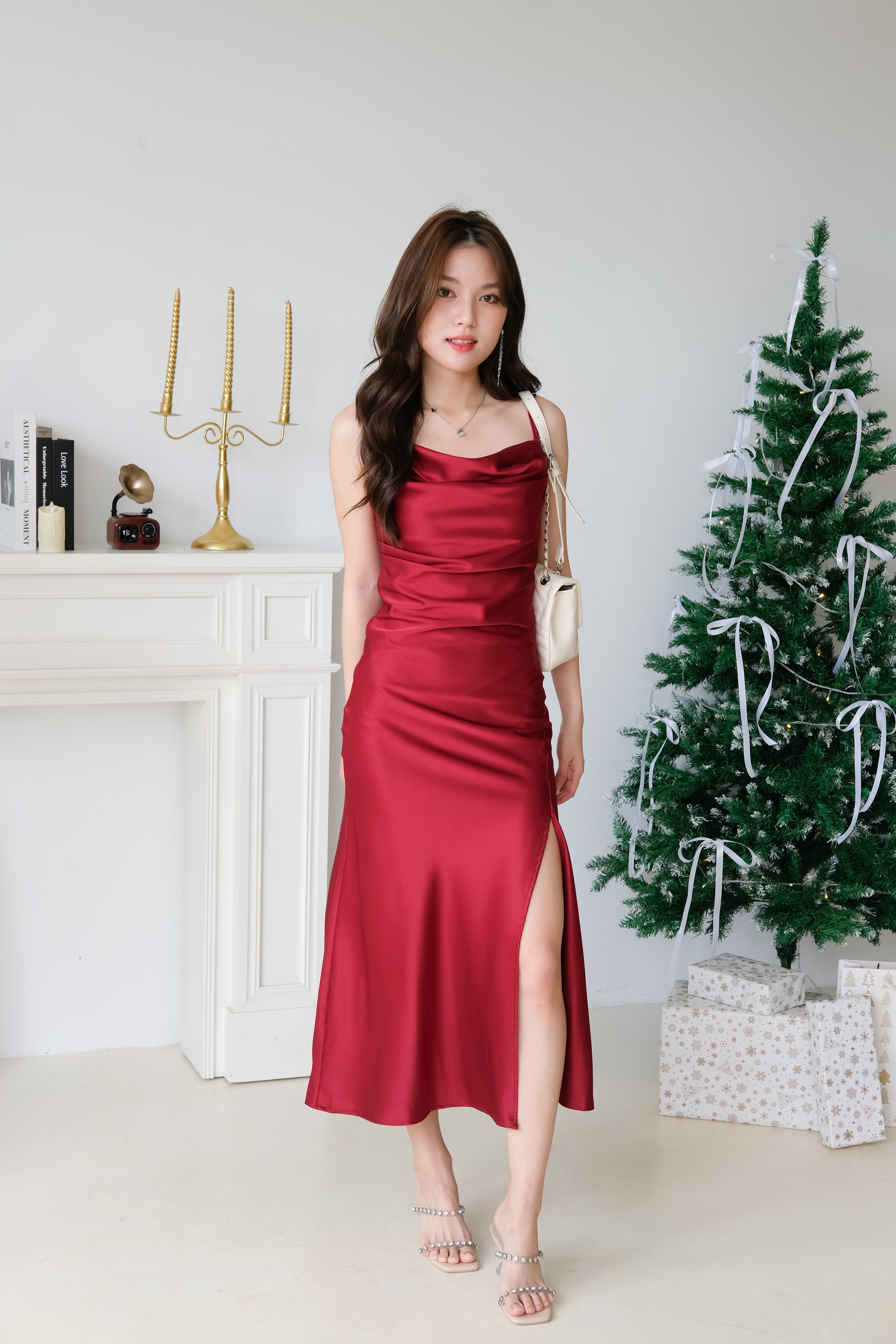 [ETA 9-13 Dec] Angel Draped Mermaid Satin Midi Dress (Wine)