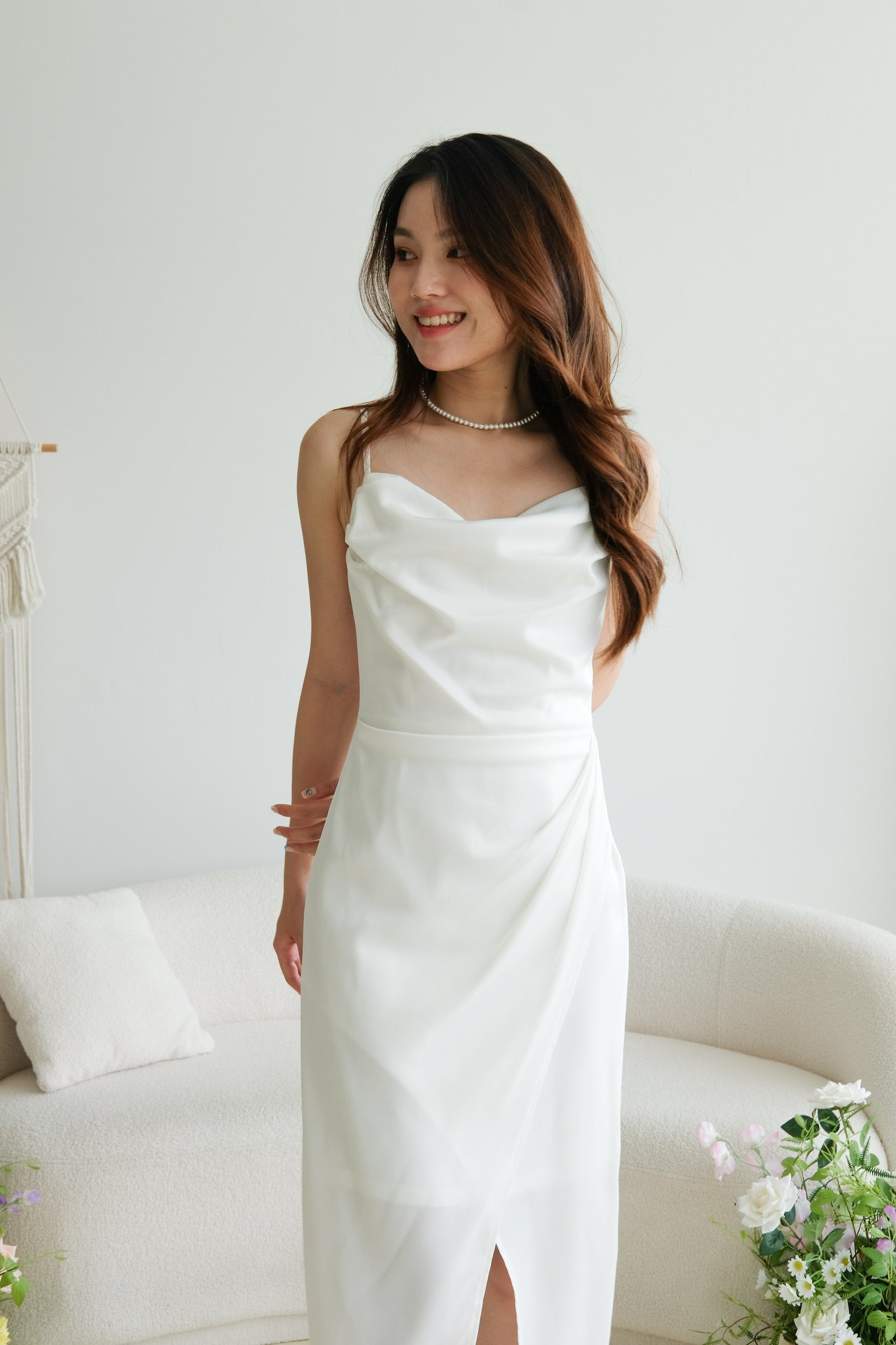 Sheryl Draped Satin Maxi Dress (Pearl White)