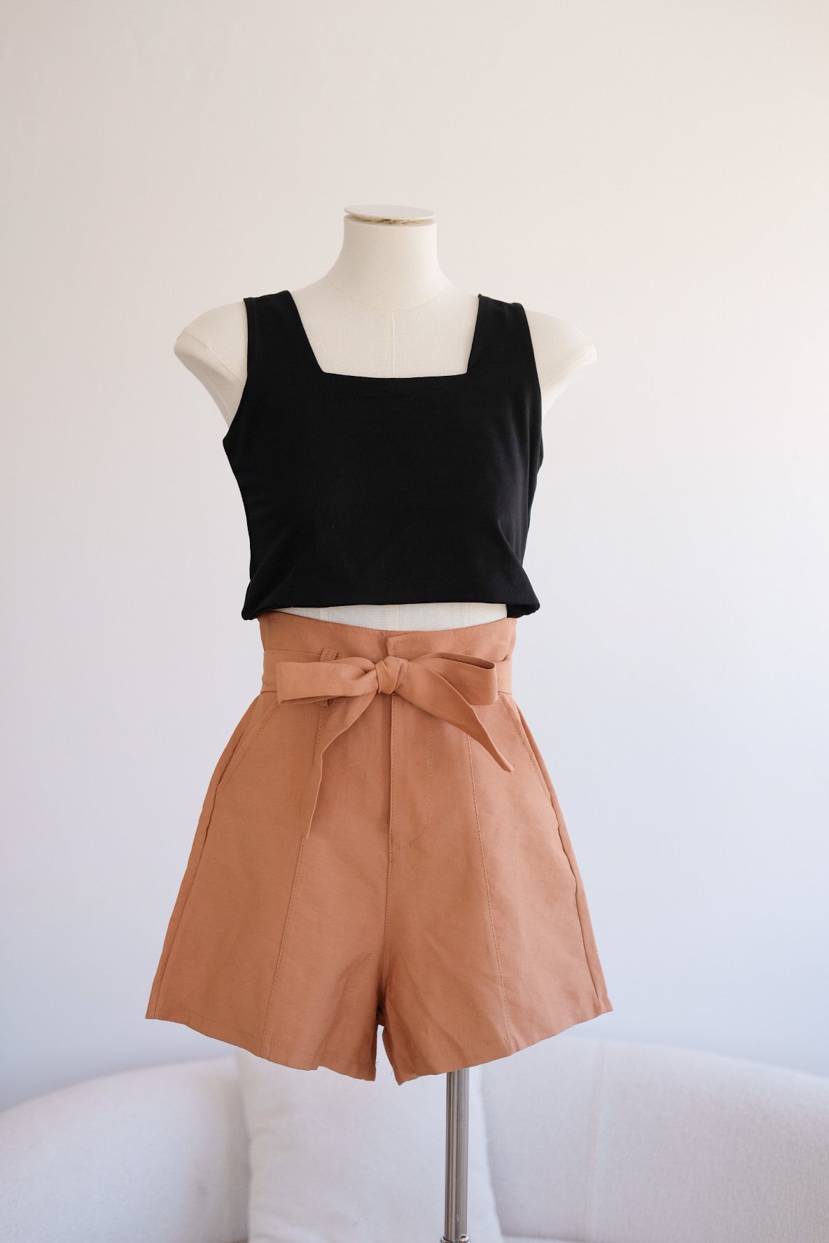 Khaki Self-Tie Ribbon A-Line Shorts