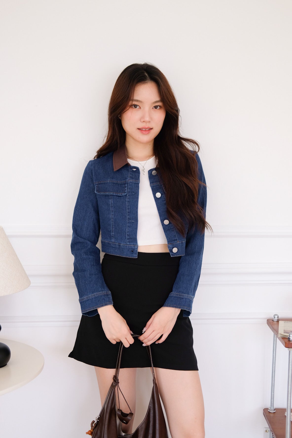 Crosby Contrast Denim Cropped Jacket (Dark Blue)