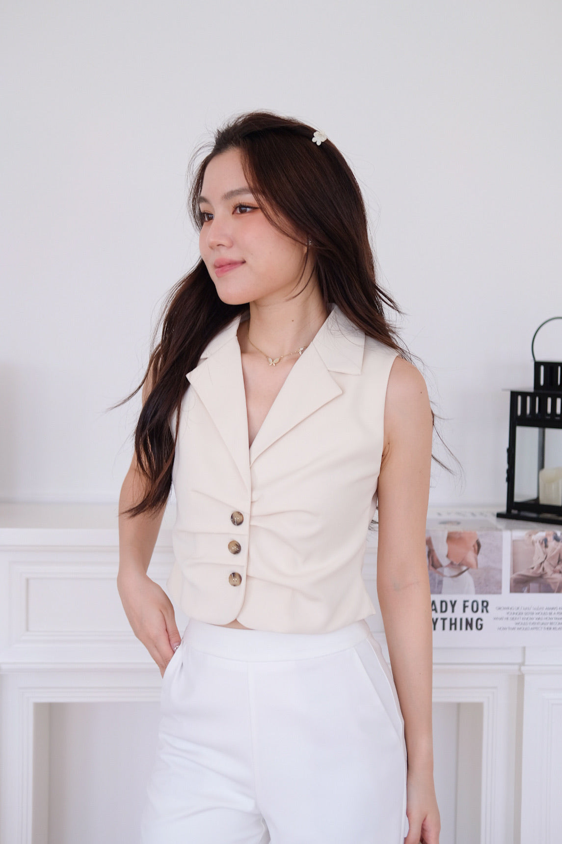 Noel Collared Crepe Vest Top (Beige)