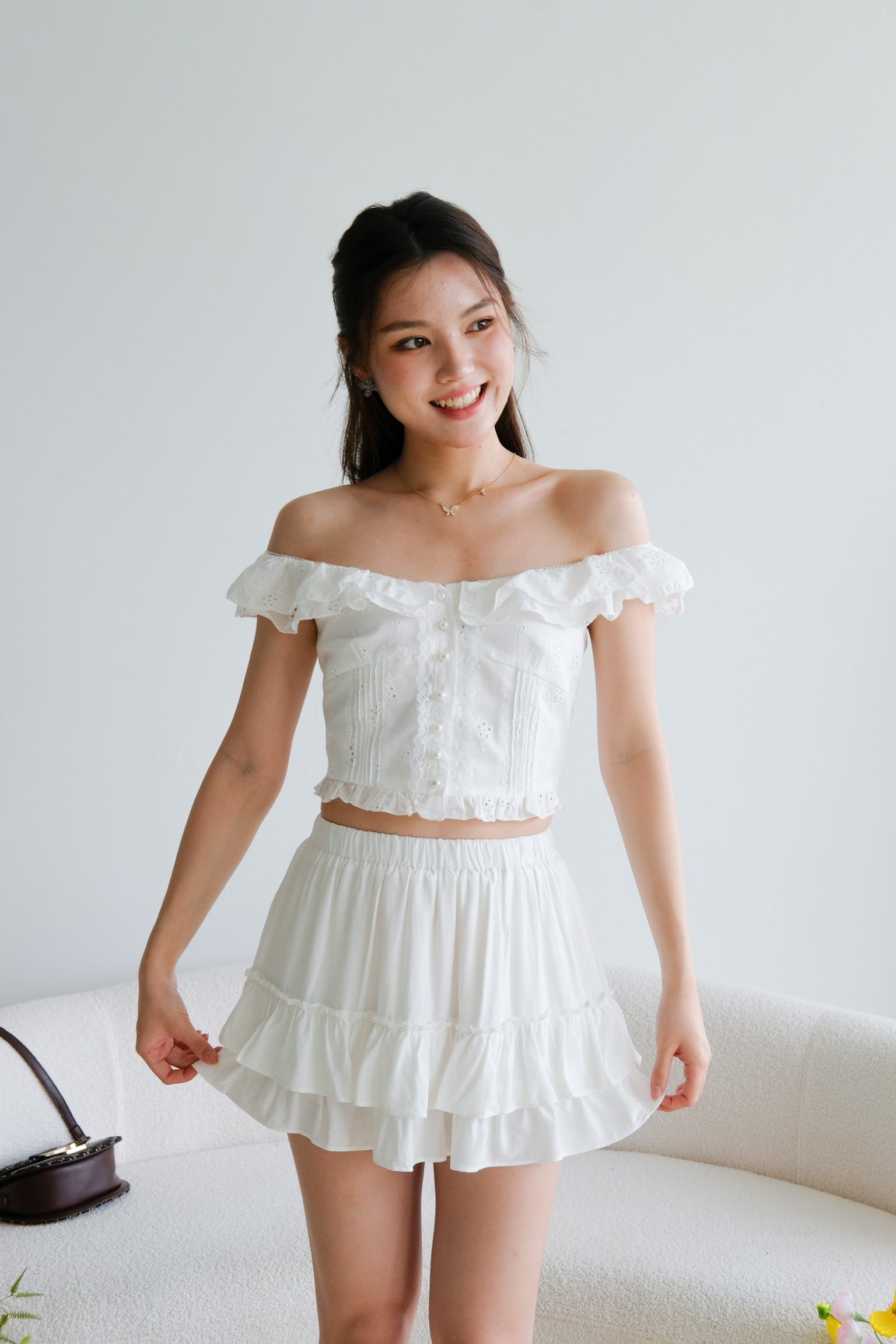 Ester Crochet Eyelet Ruffle Crop (White)