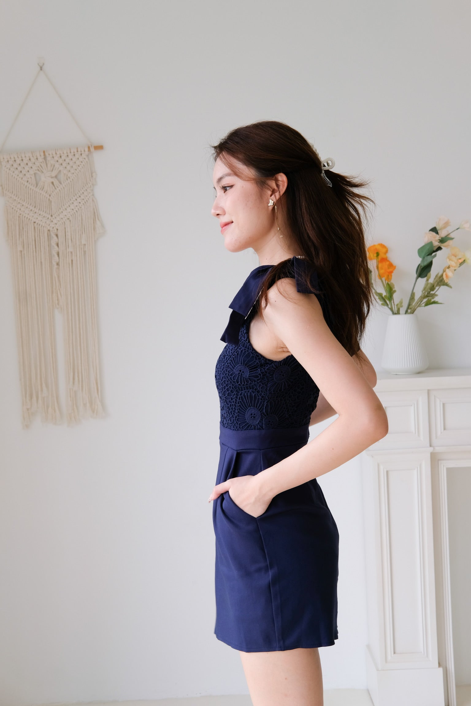 Leanne Crochet Asymmetrical Dress (Navy Blue)