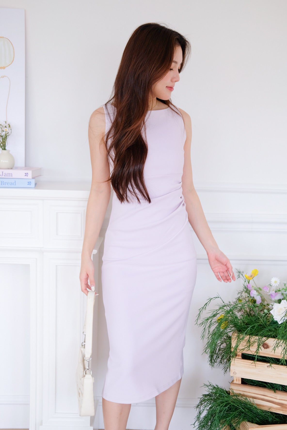 Felicia Boatneck Ruched Maxi Dress (Pastel Purple)