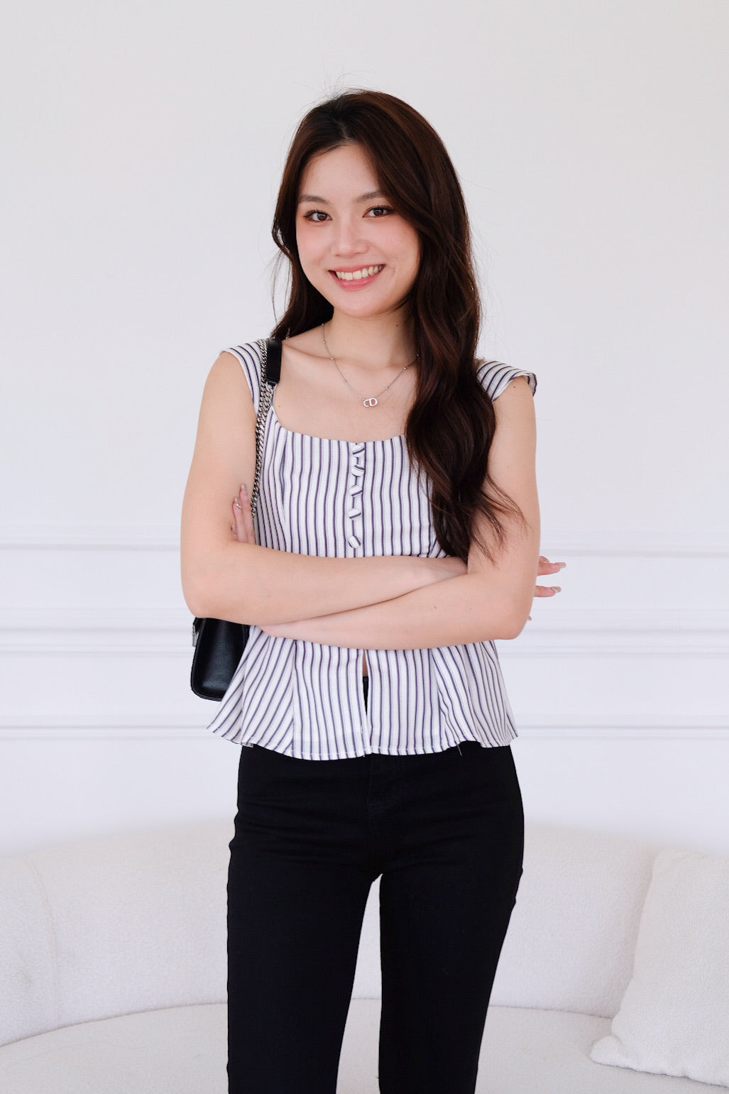 Naylie Peplum Front Slit Top (Blue Stripes)