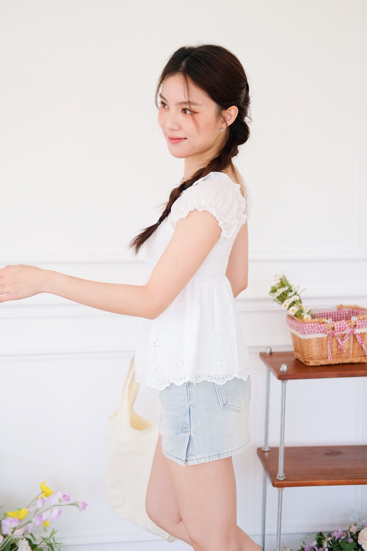 Kylin Eyelet Ruched Peplum Top (White)