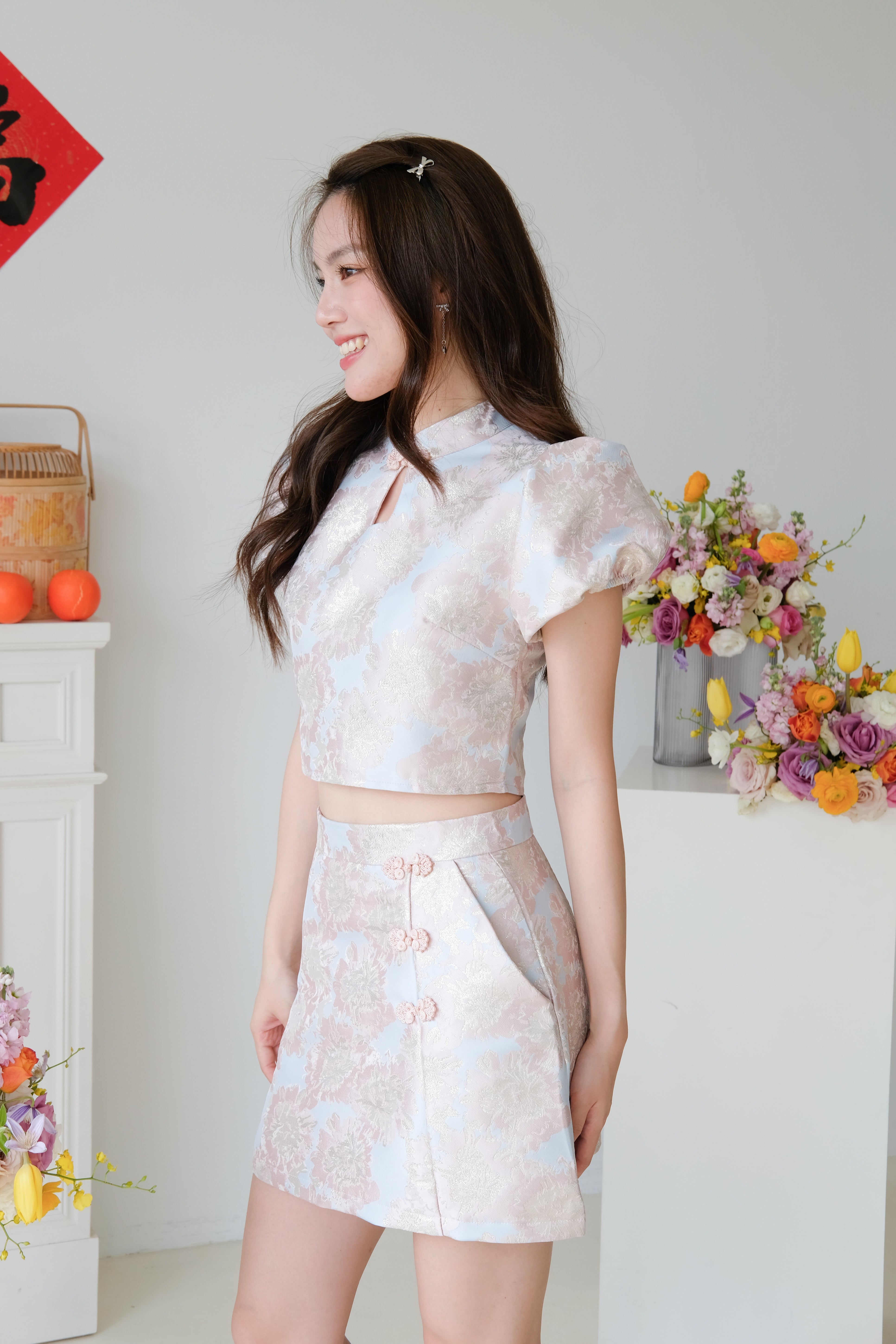 Spring Modern Cheongsam Set (Pinkish Blue)