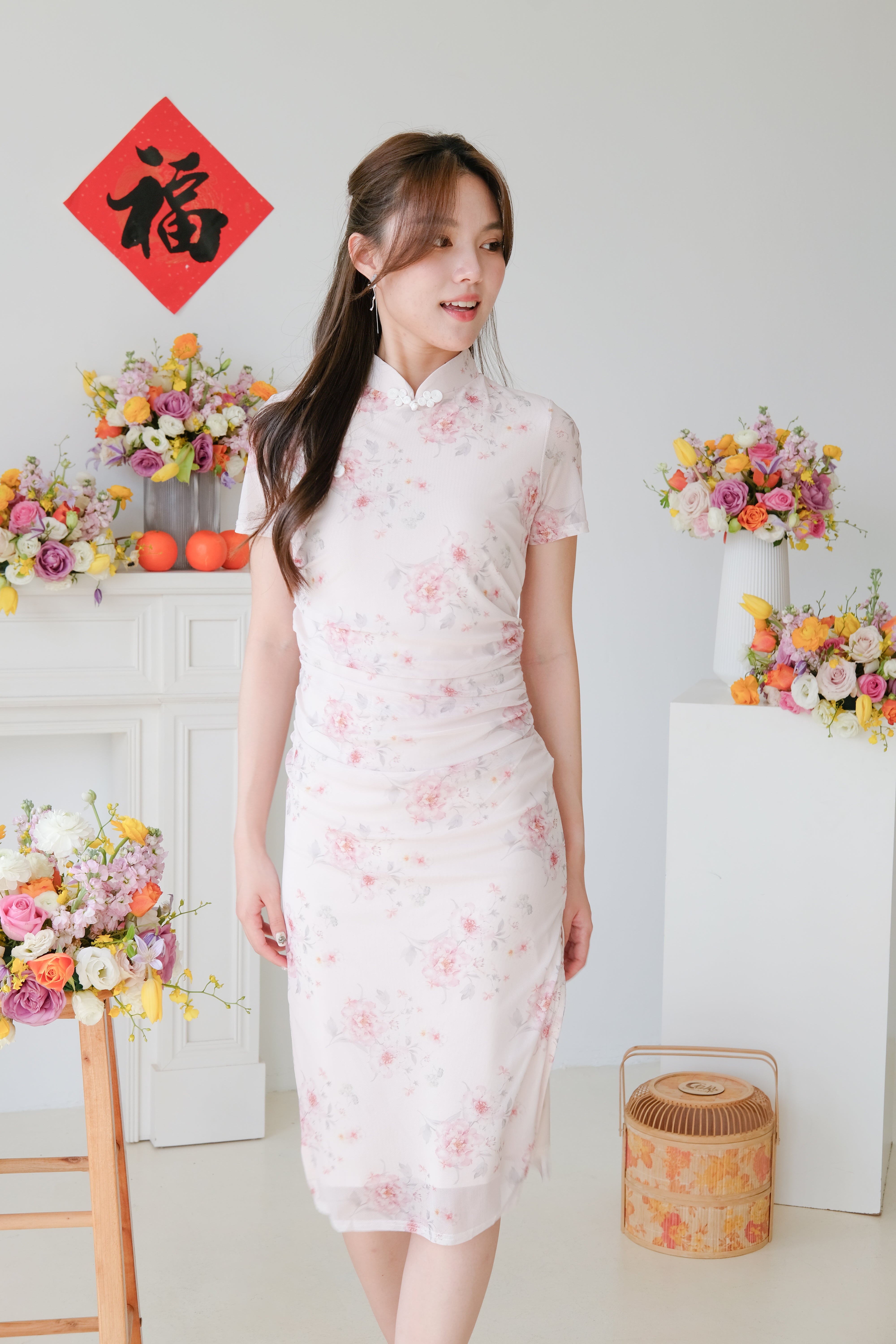 [ETA 23-27 Dec] Wenrou Floral Mesh Midi Cheongsam (Sakura Pink)