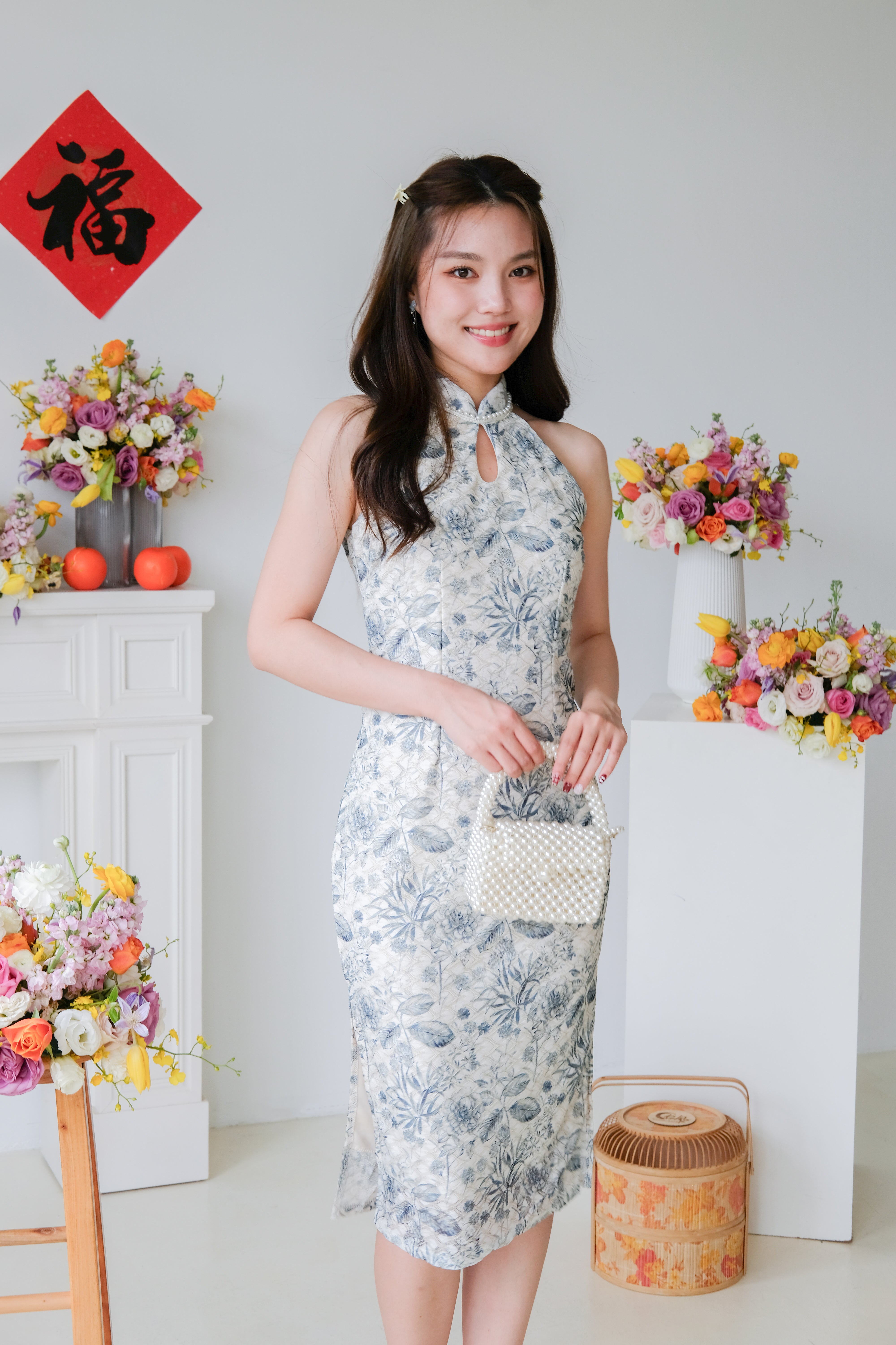 [ETA 23-27 Dec] Fenlan Vintage Mini Pearls Midi Cheongsam (Blue)