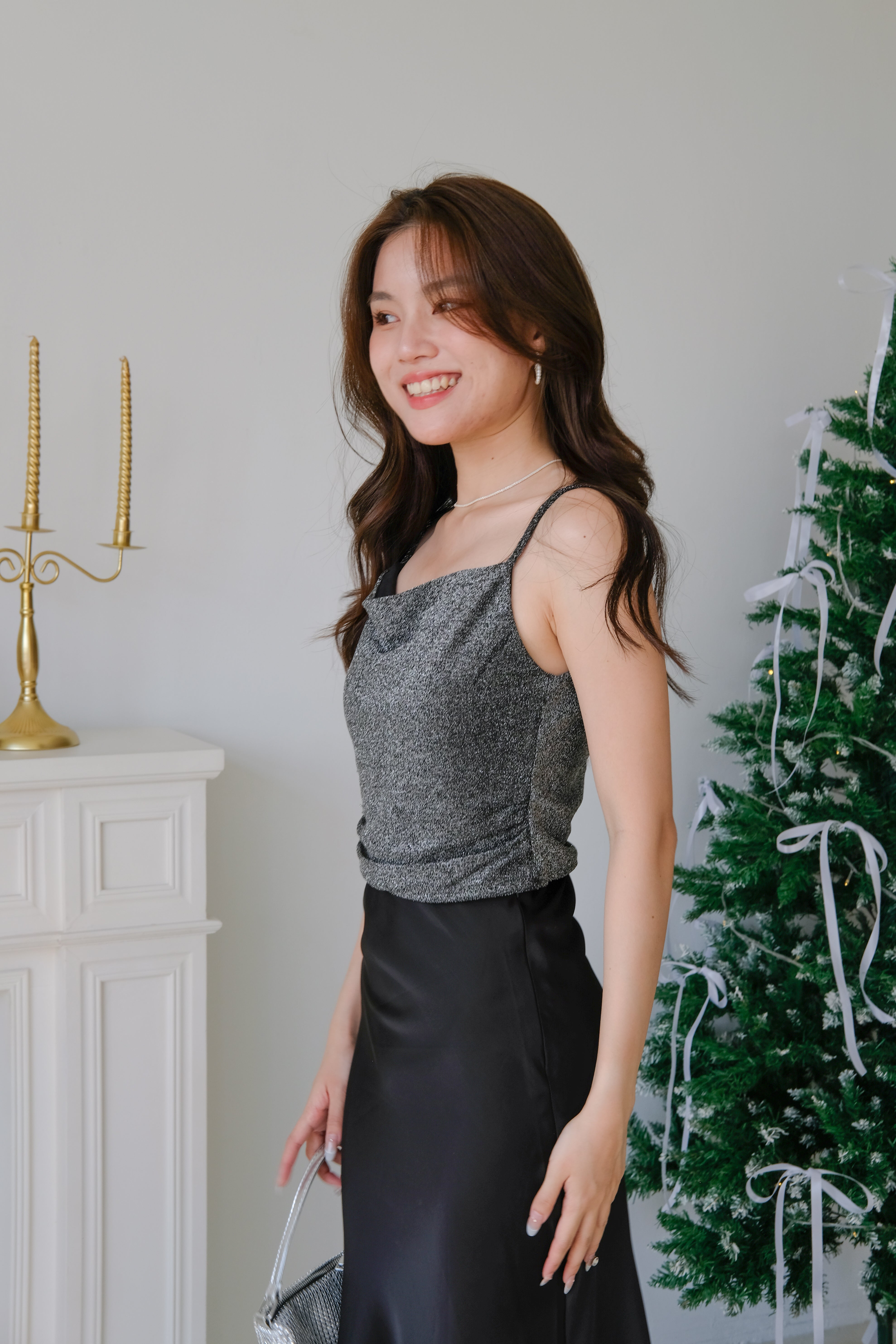 Valerie Shimmering Draped Crop Top (Black)