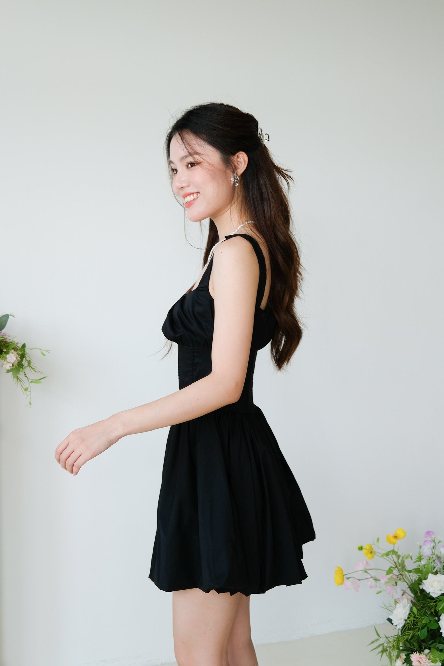 Carine Ruched Bubble Dress (Black)