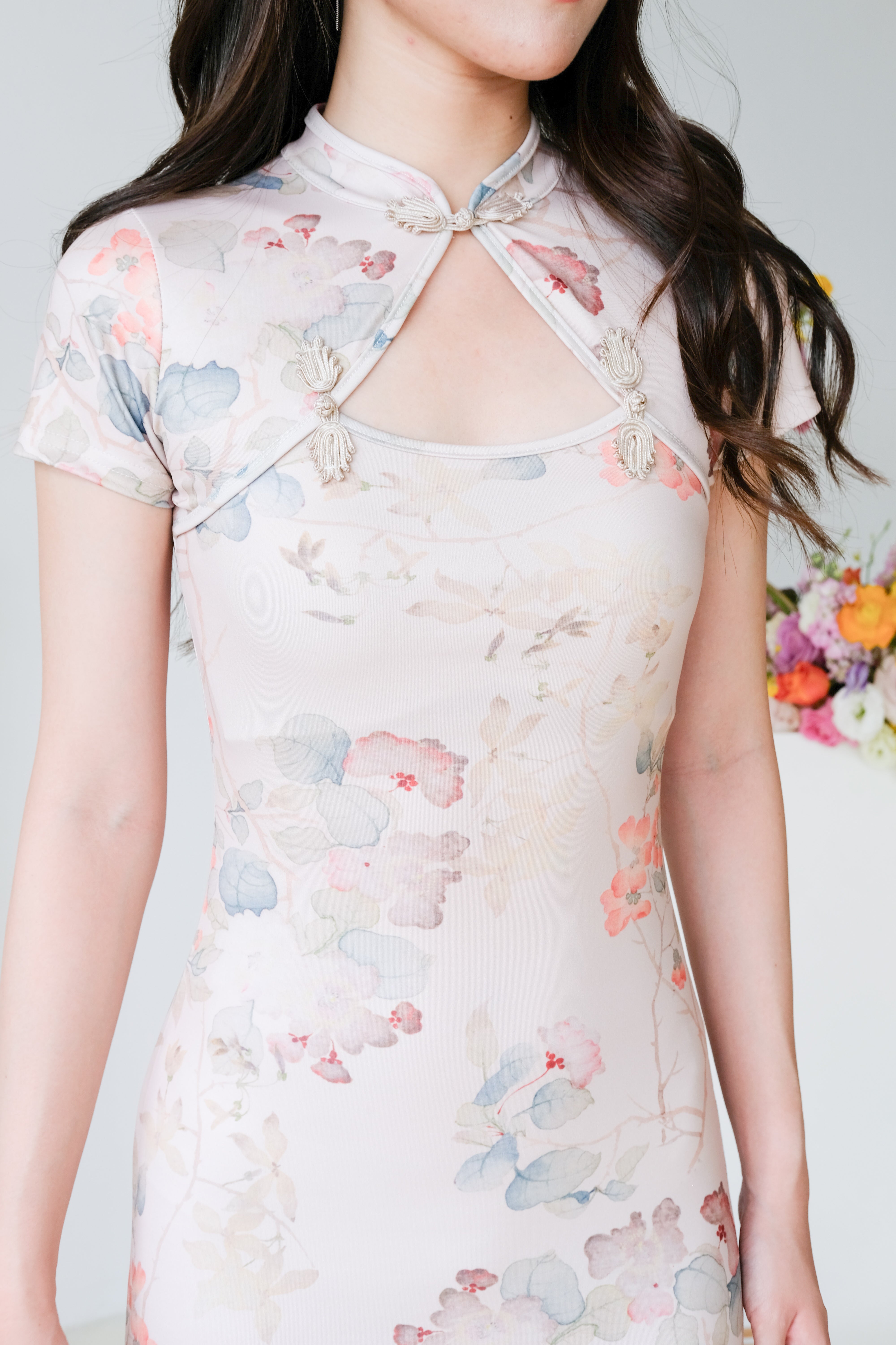 Yinghua Floral Slit Midi Cheongsam (Light Pink)