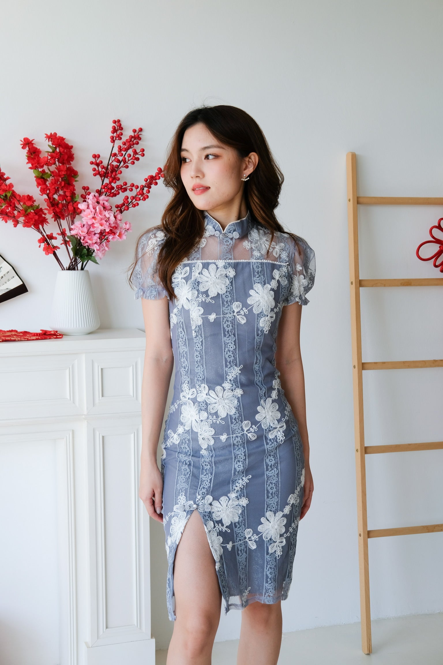 Huey Lace Cheongsam Dress (Dusty Blue)