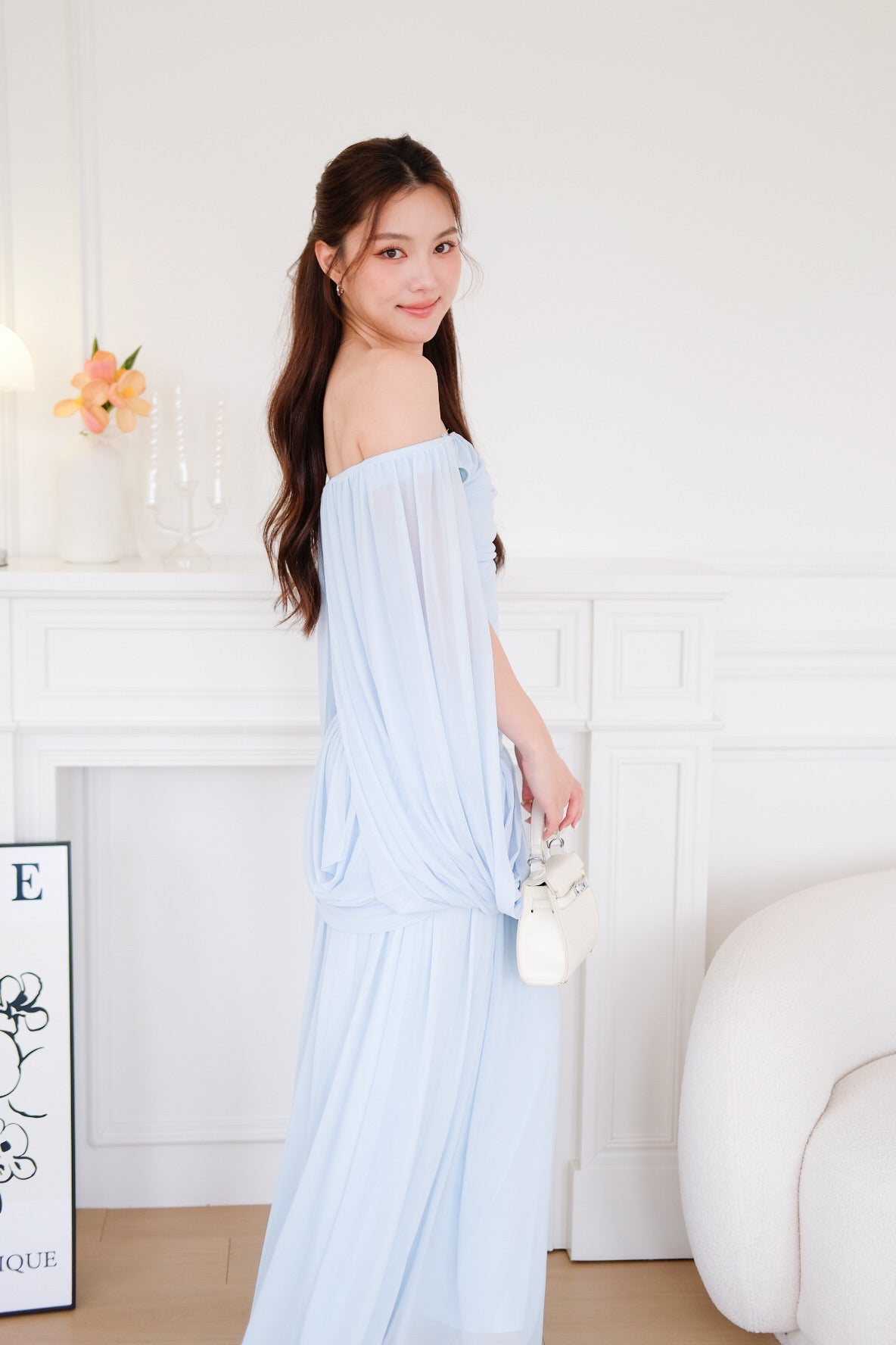 Jasmine Ruched Mesh Off Shoulder Maxi Dress (Sky Blue)