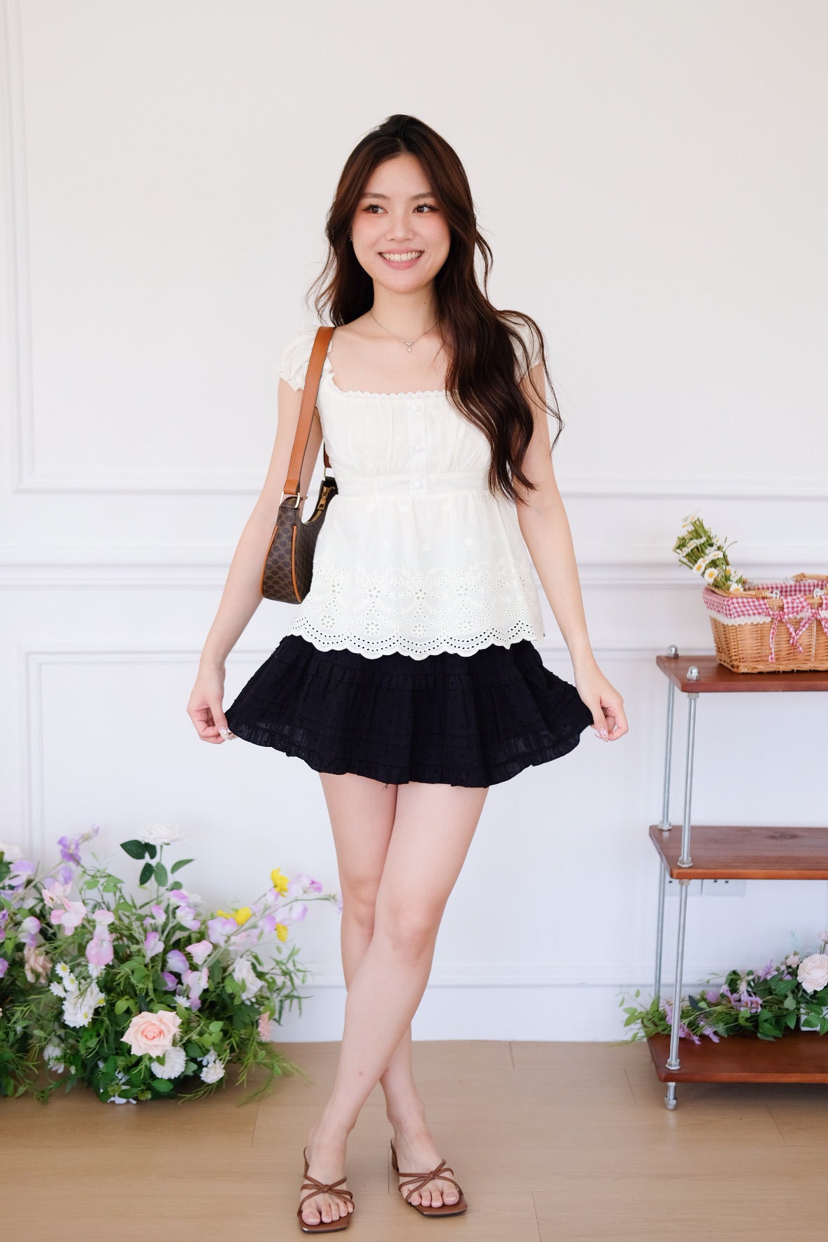 Kylin Eyelet Ruched Peplum Top (Cream)