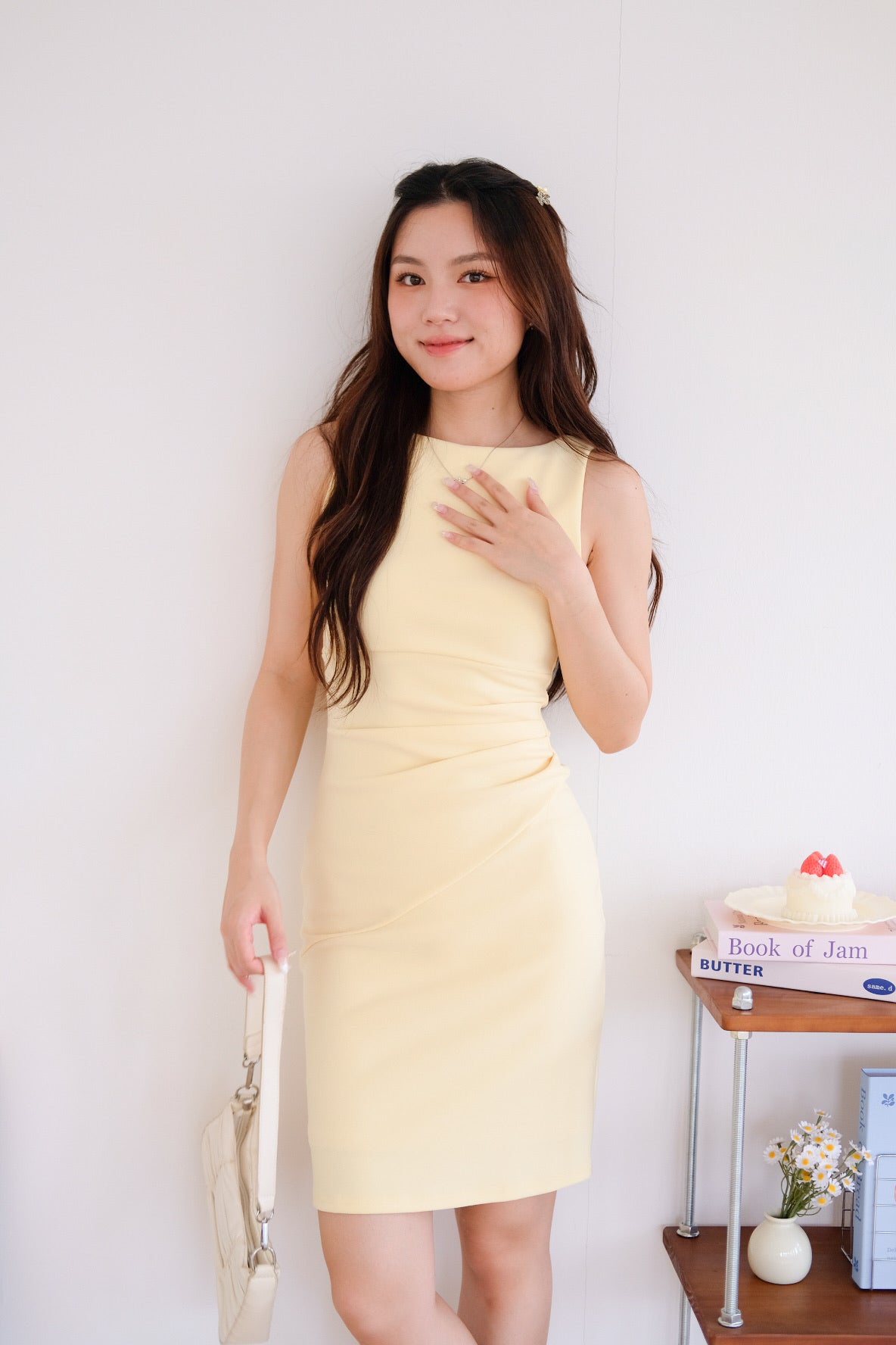 Annette Boatneck Ruched Midi Dress (Yellow)