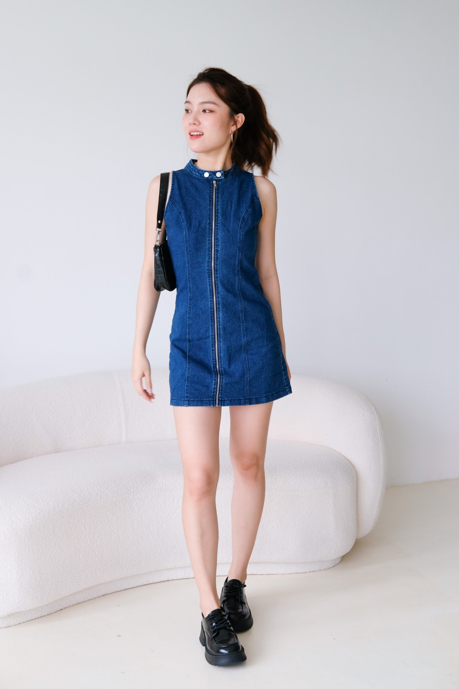 Joee High Neck Denim Dress (Dark Denim)