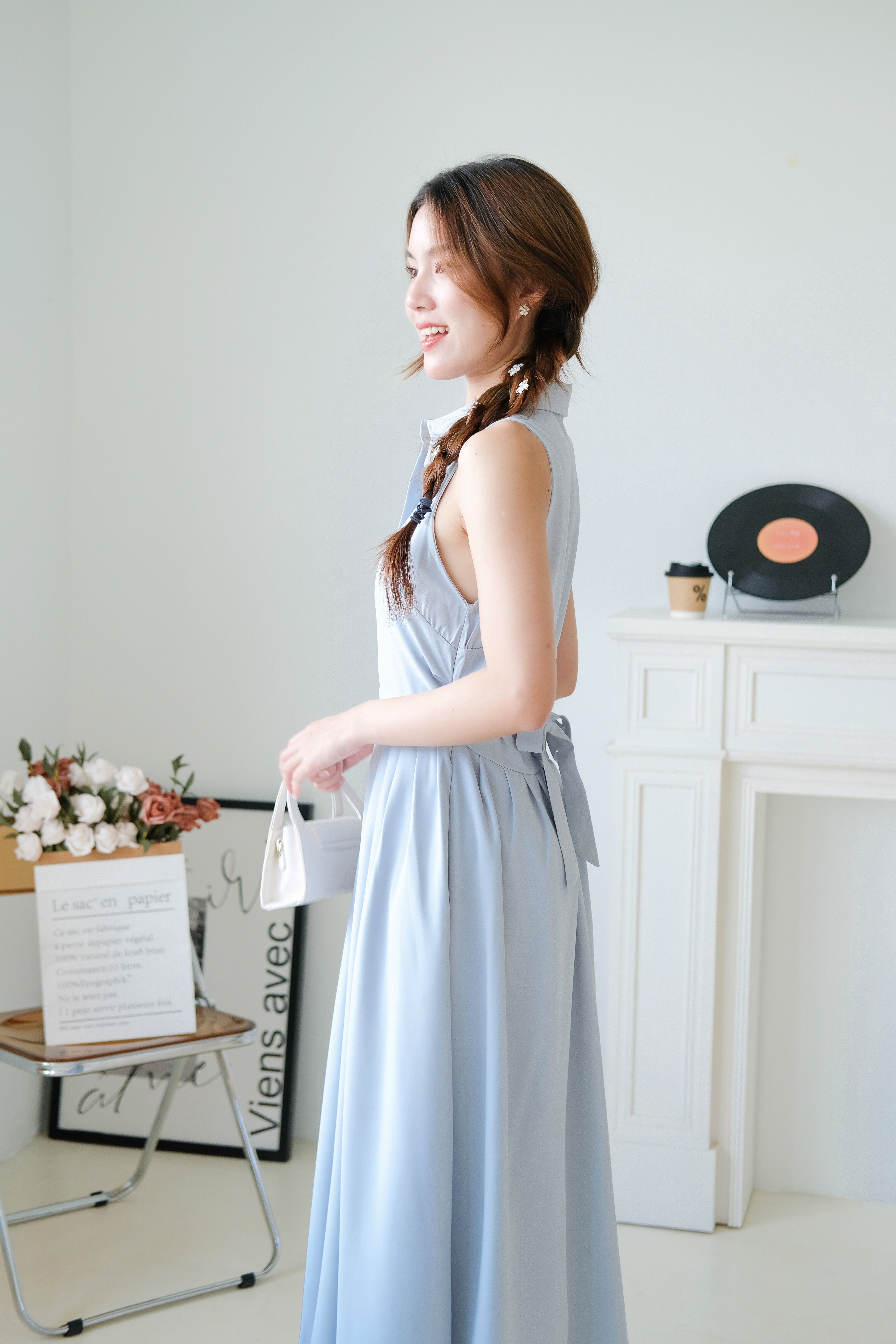 Camille Cinched Waist Collared Maxi Dress (Dusty Blue)