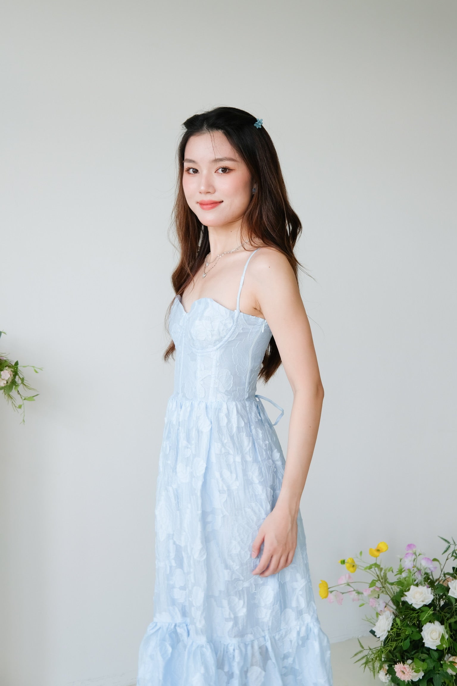 Natalia Floral Organza Midaxi Dress (Sea Blue)