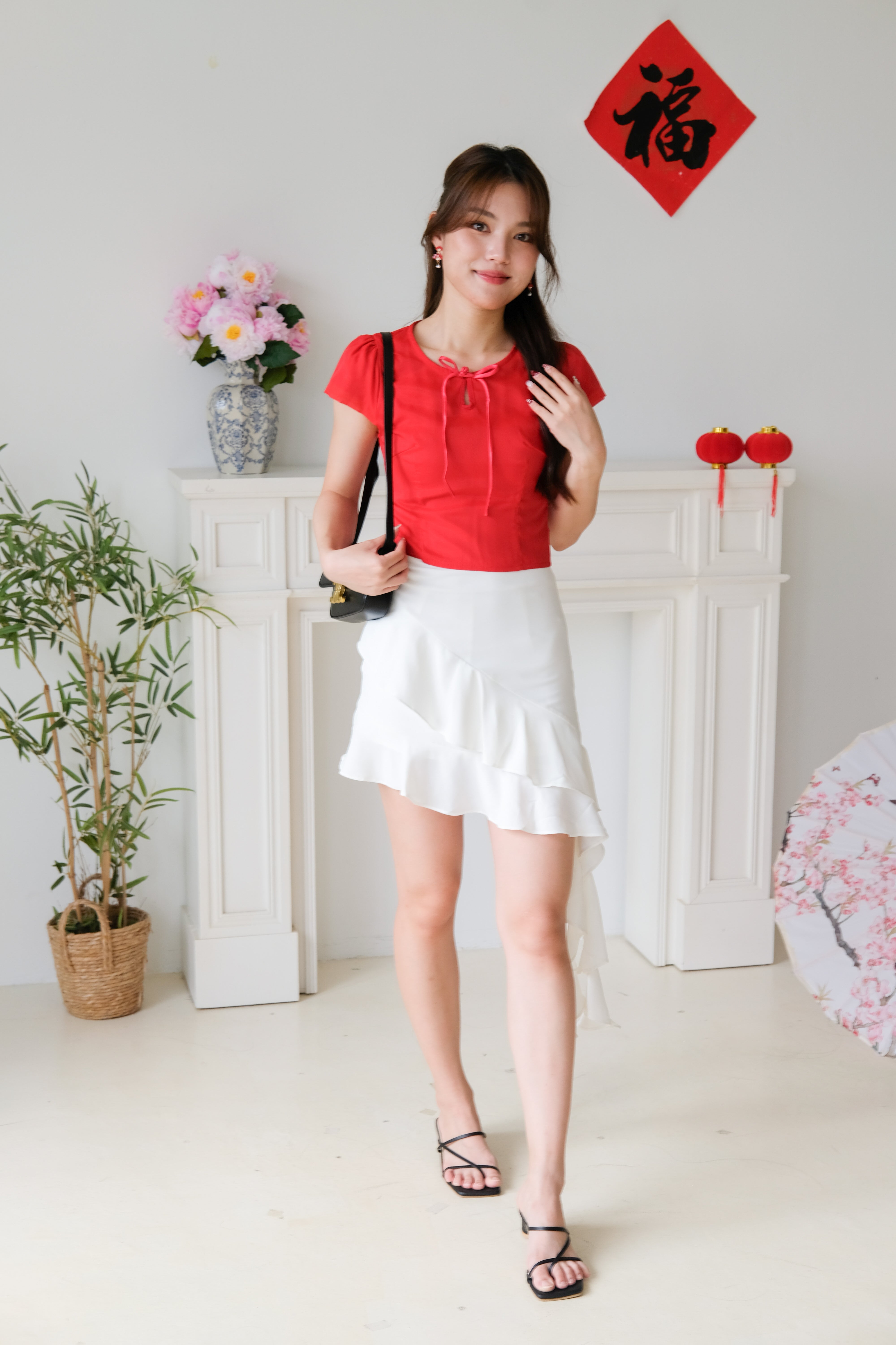 Arielle Cap Sleeves Crop Top (Red)