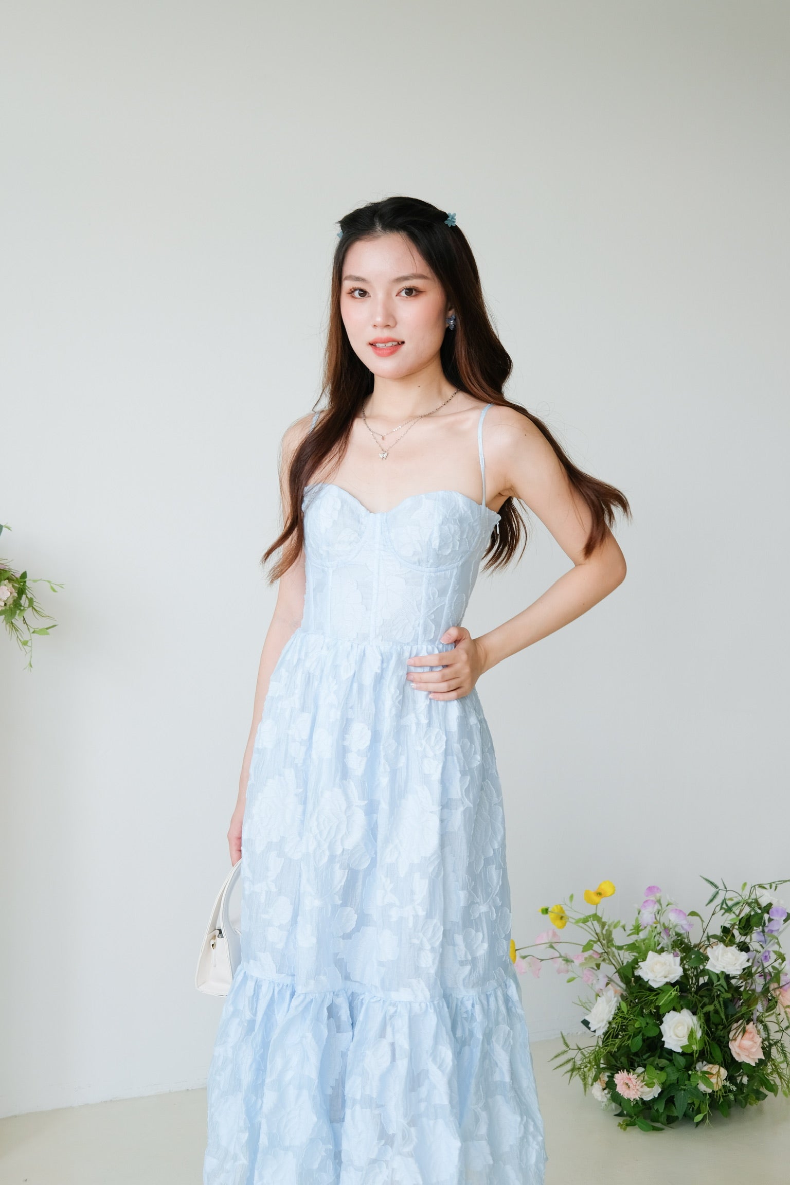 Natalia Floral Organza Midaxi Dress (Sea Blue)