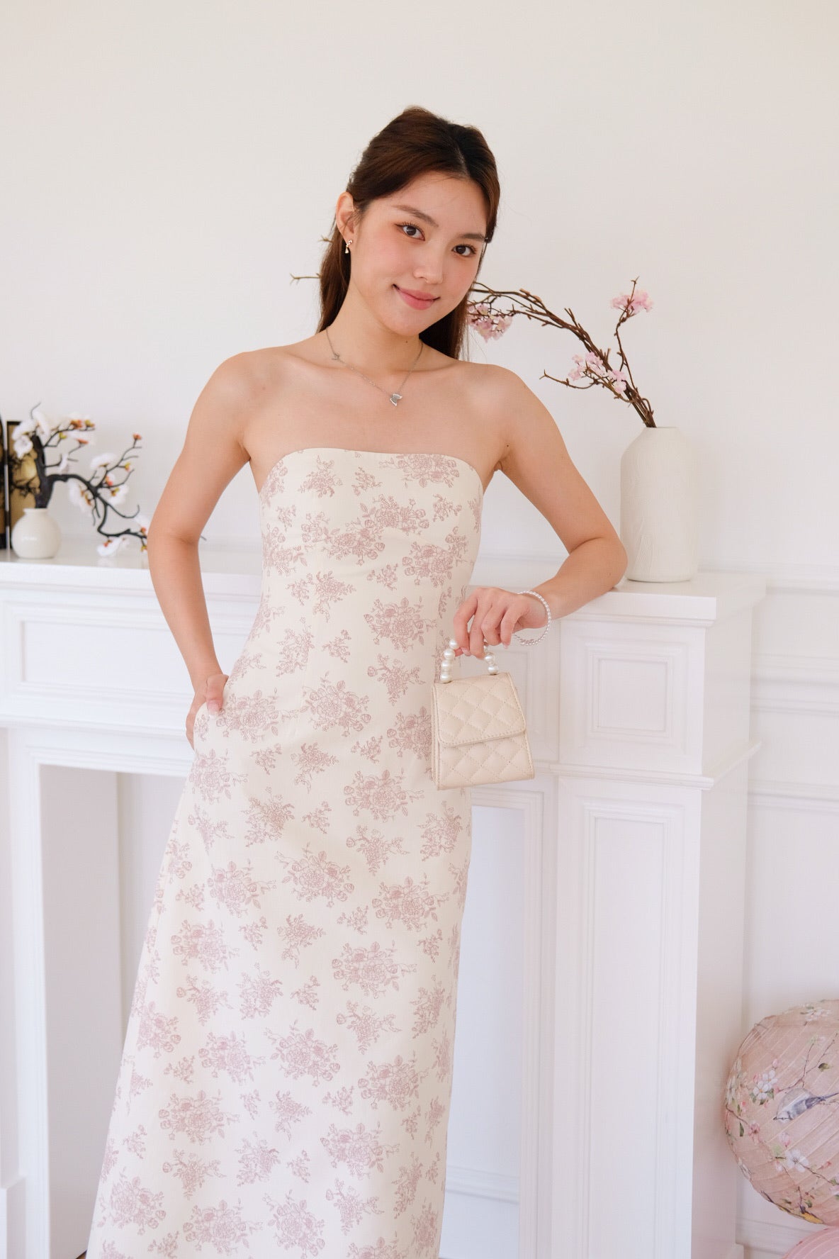 [ETA 12-16 Jan] Nathania Floral Tube Padded Maxi Dress (Pale Red)