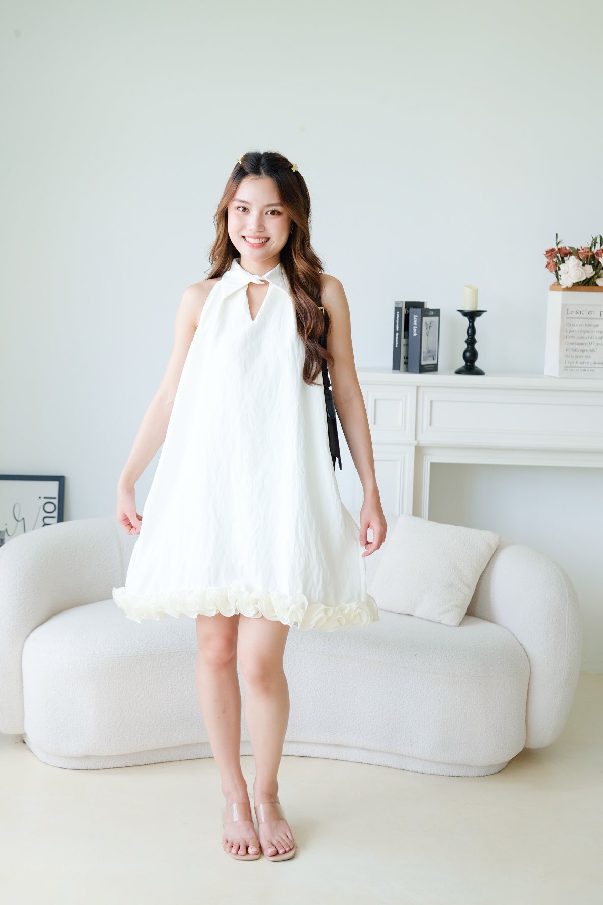 Natasha Collared Ruffle Loose Dress (Cream)