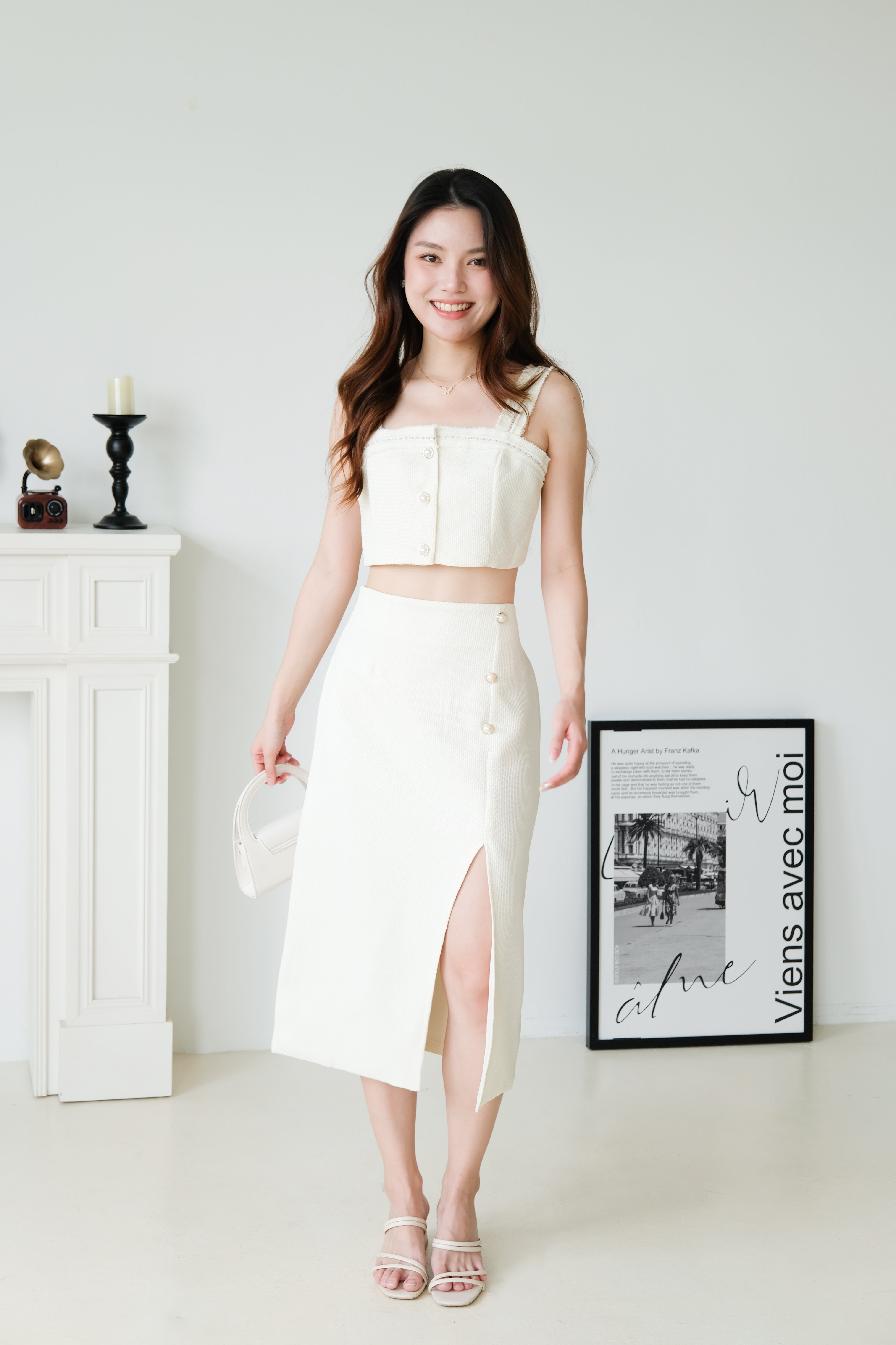 Jillian Tweed Side Slit Midi Set (Cream)